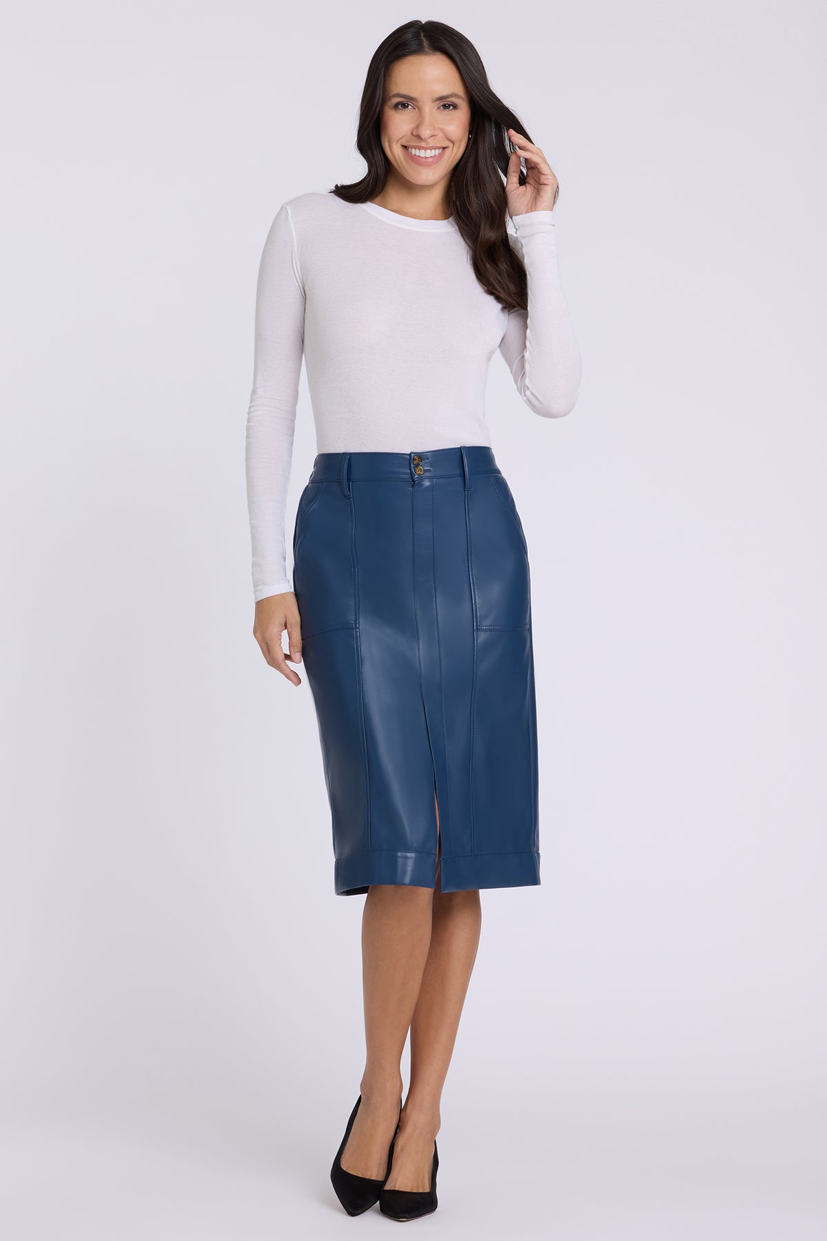 NYDJ Vegan Stretch Leather Utility Skirt  - Jade Blue