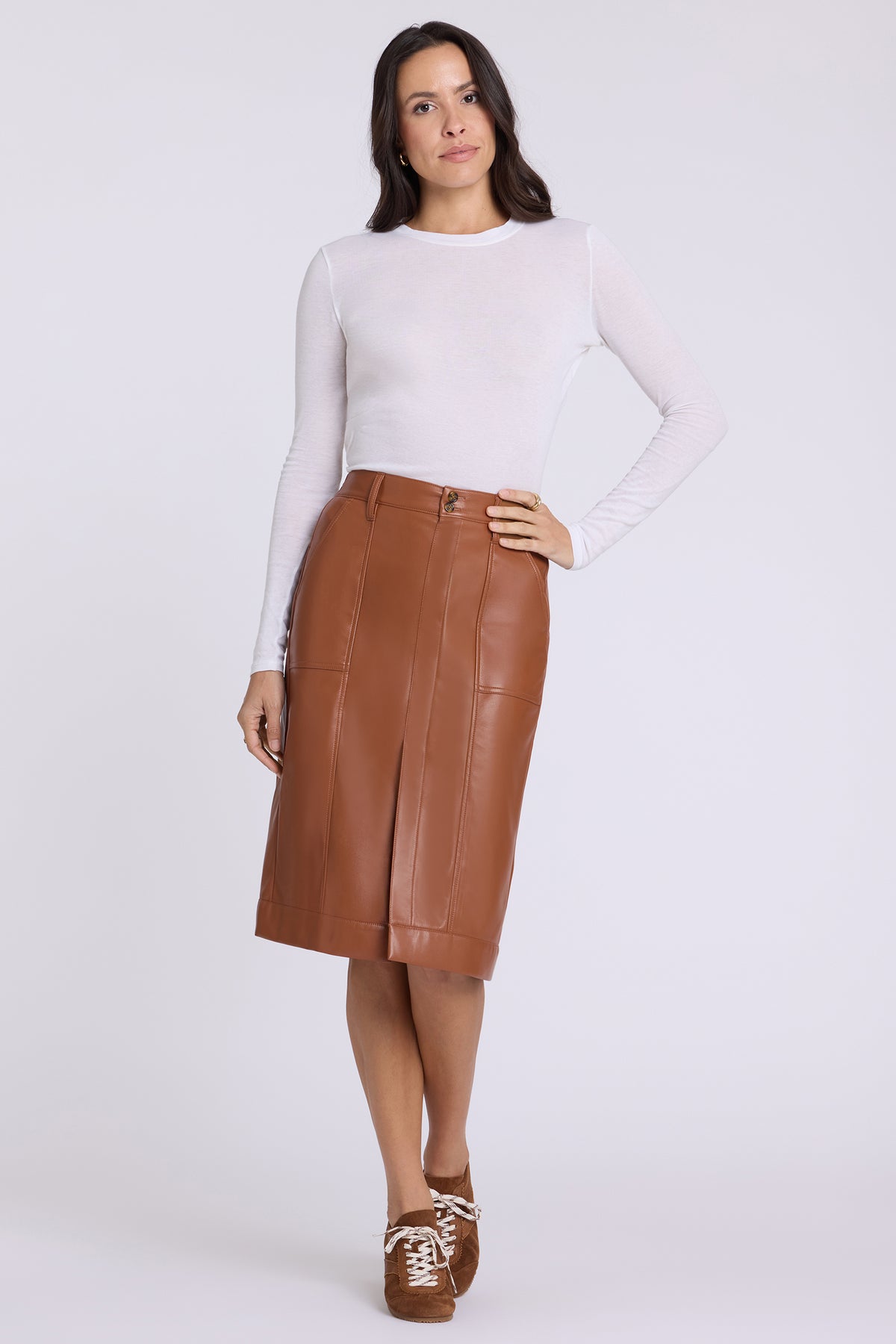 NYDJ Vegan Stretch Leather Utility Skirt  - Mocha Bisque