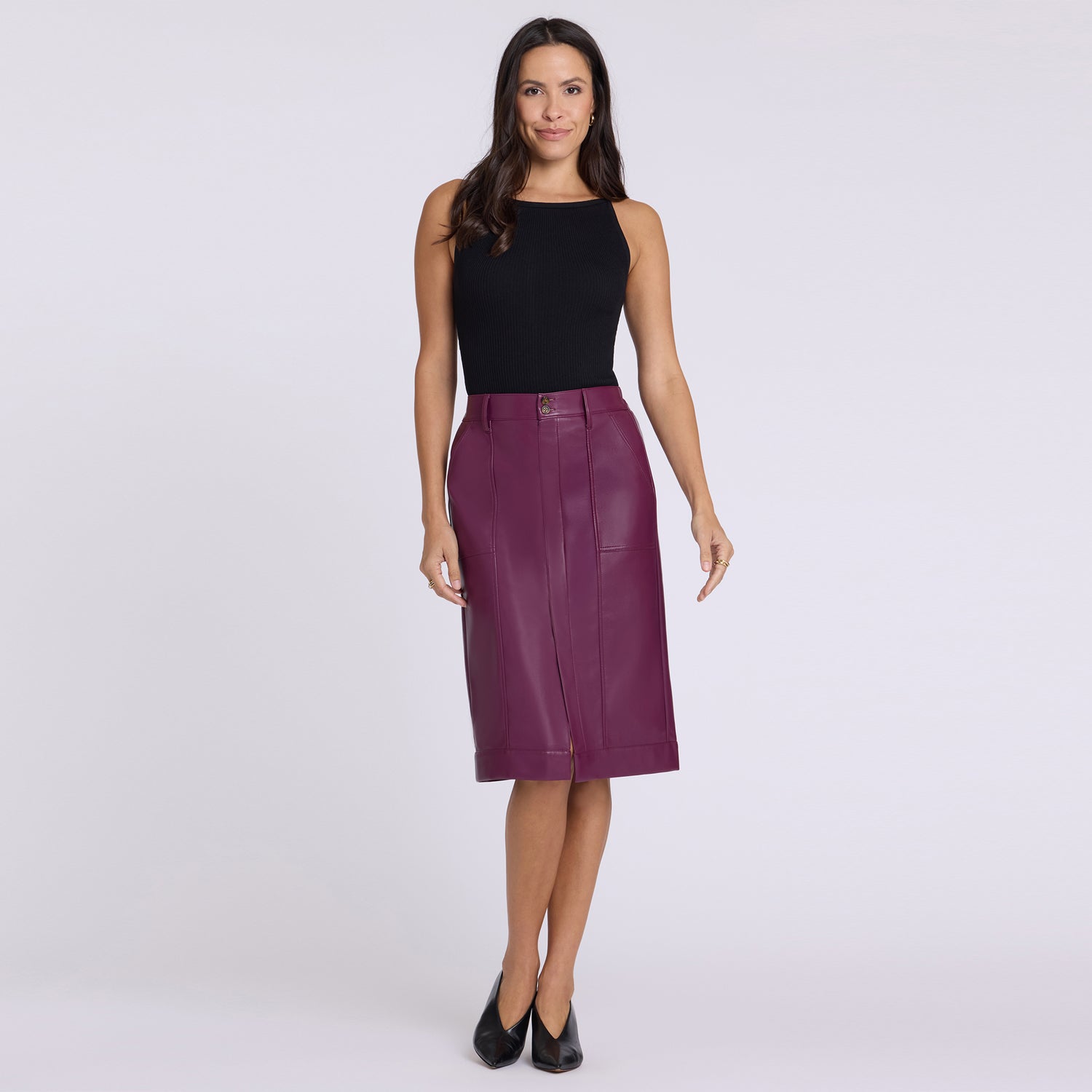 値下げ！【新品未使用】鈴木六夏 everyday skirtエブリデイスカートS Vegan Stretch Leather Utility Skirt - Mauve Wine Purple | NYDJ