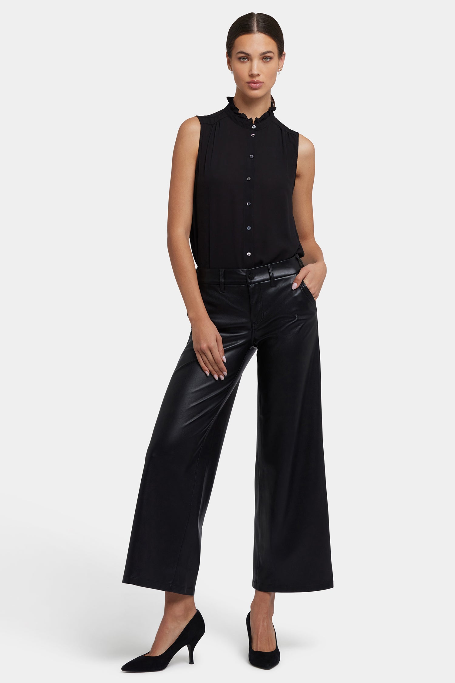 NYDJ Vegan Stretch Leather Wide Leg Trouser Pants Sculpt-Her™ Collection - Black