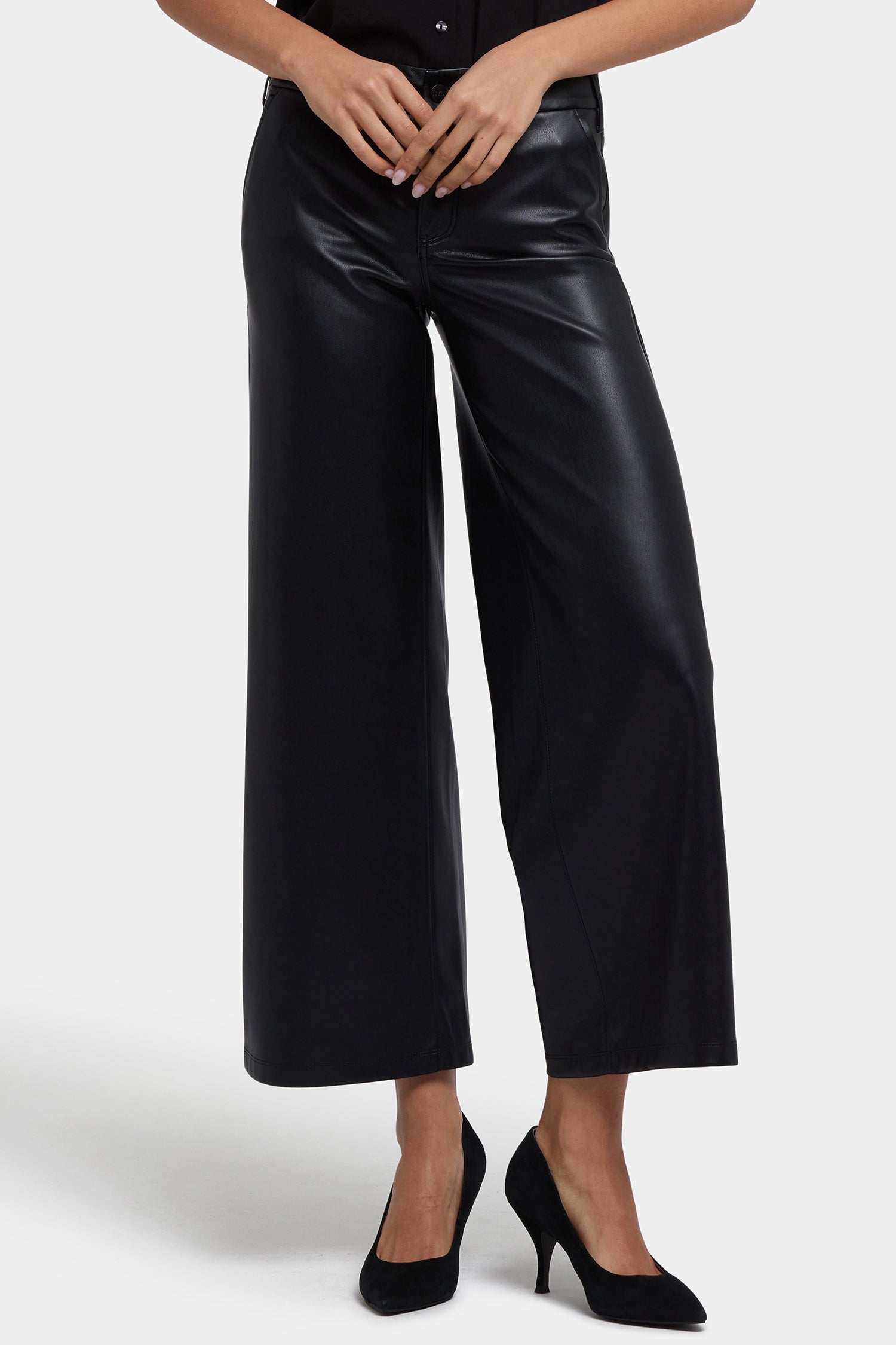 NYDJ Vegan Stretch Leather Wide Leg Trouser Pants Sculpt-Her™ Collection - Black