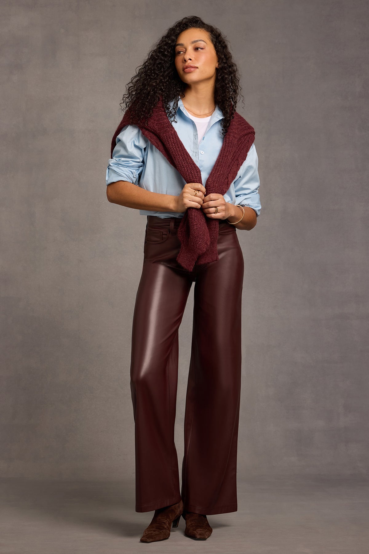 NYDJ Vegan Stretch Leather Teresa Wide Leg Pants Sculpt-Her™ Collection - Bitter Chocolate