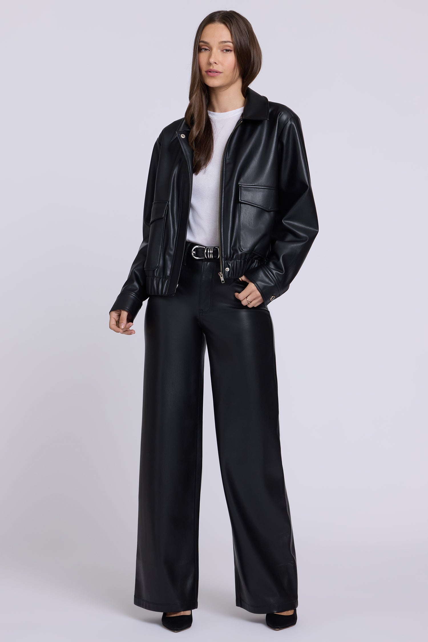 NYDJ Vegan Stretch Leather Teresa Wide Leg Pants Sculpt-Her™ Collection - Black