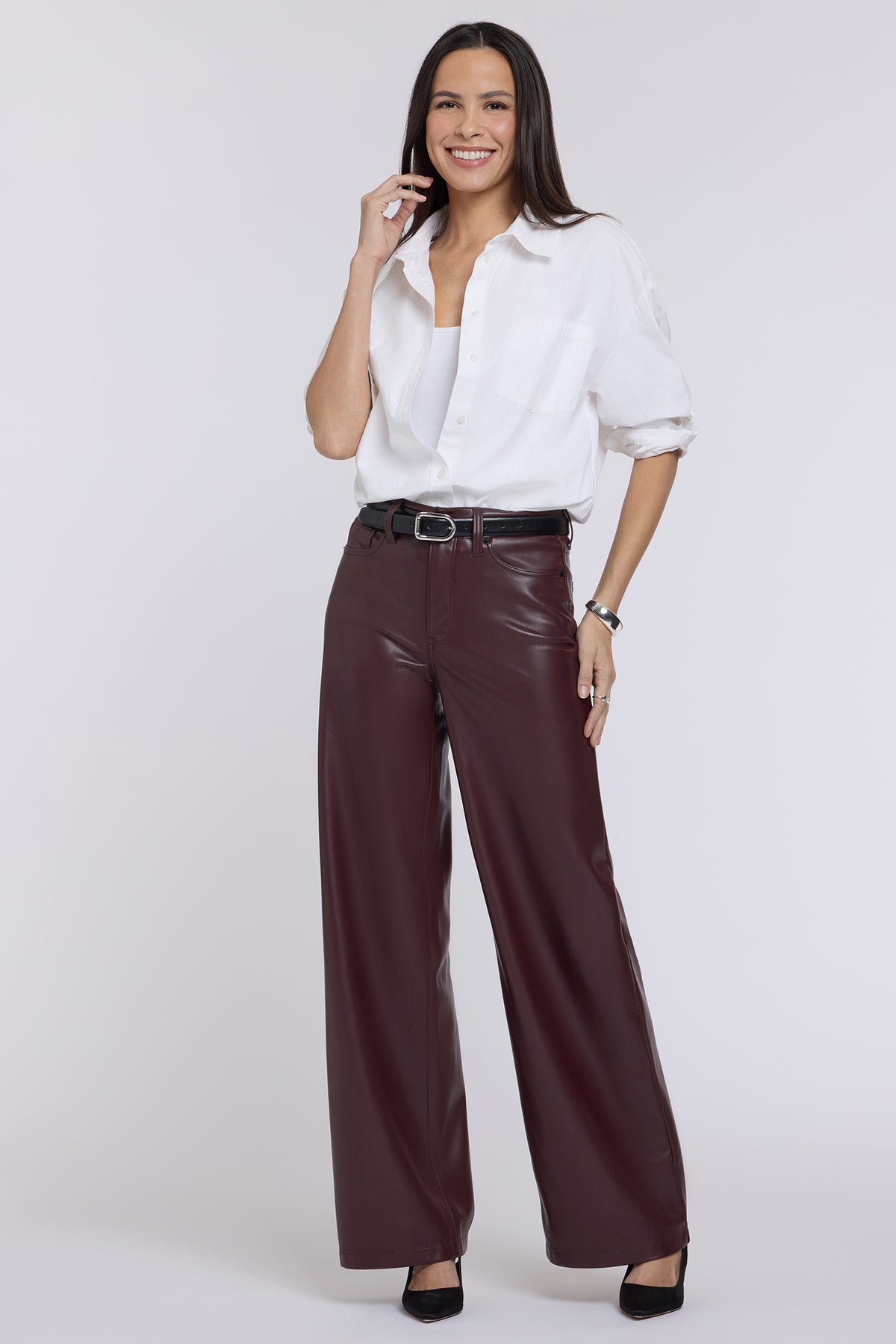 NYDJ Vegan Stretch Leather Teresa Wide Leg Pants Sculpt-Her™ Collection - Bitter Chocolate