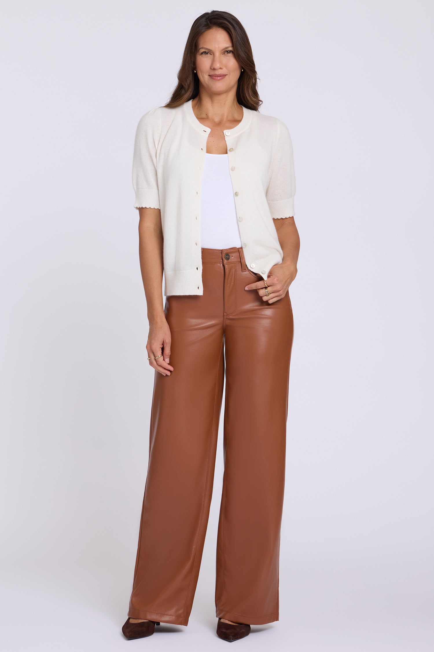 NYDJ Vegan Stretch Leather Teresa Wide Leg Pants Sculpt-Her™ Collection - Mocha Bisque