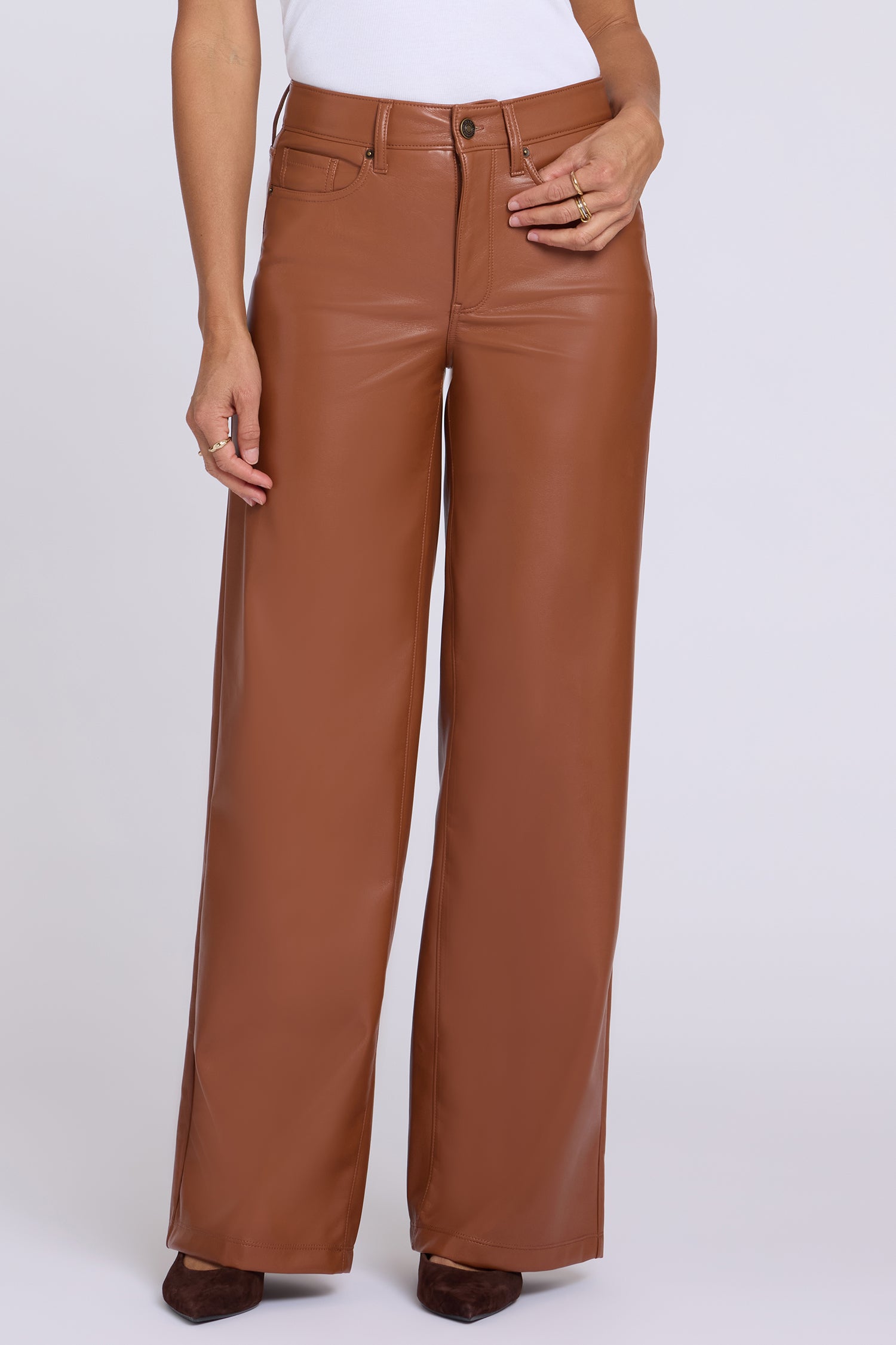 NYDJ Vegan Stretch Leather Teresa Wide Leg Pants Sculpt-Her™ Collection - Mocha Bisque