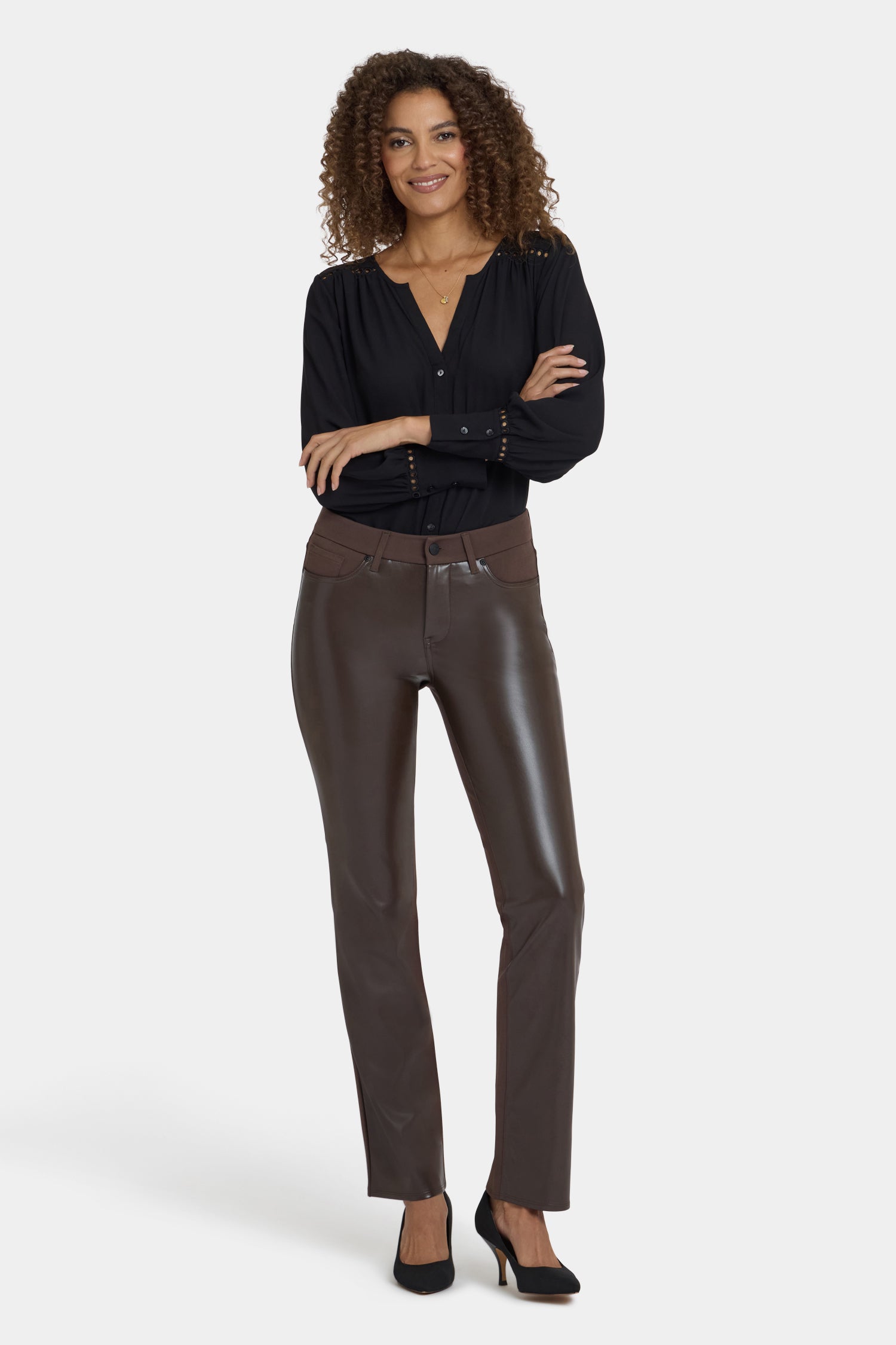 NYDJ Vegan Leather And Ponte Marilyn Straight Pants Sculpt-Her™ Collection - Coffee Bean