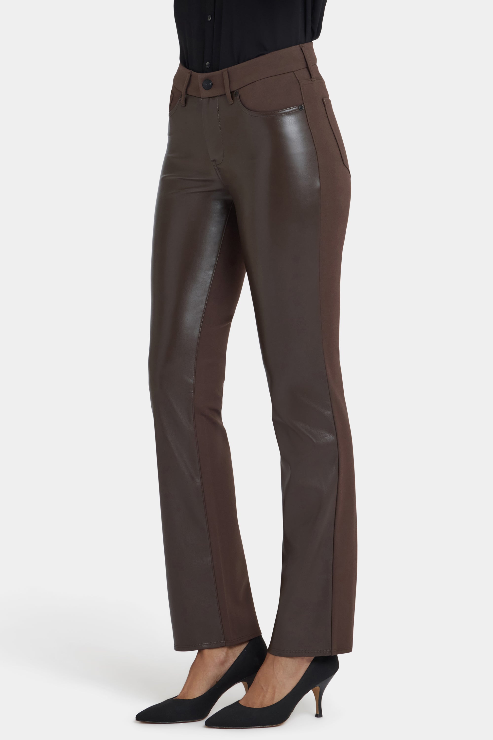 NYDJ Vegan Leather And Ponte Marilyn Straight Pants Sculpt-Her™ Collection - Coffee Bean