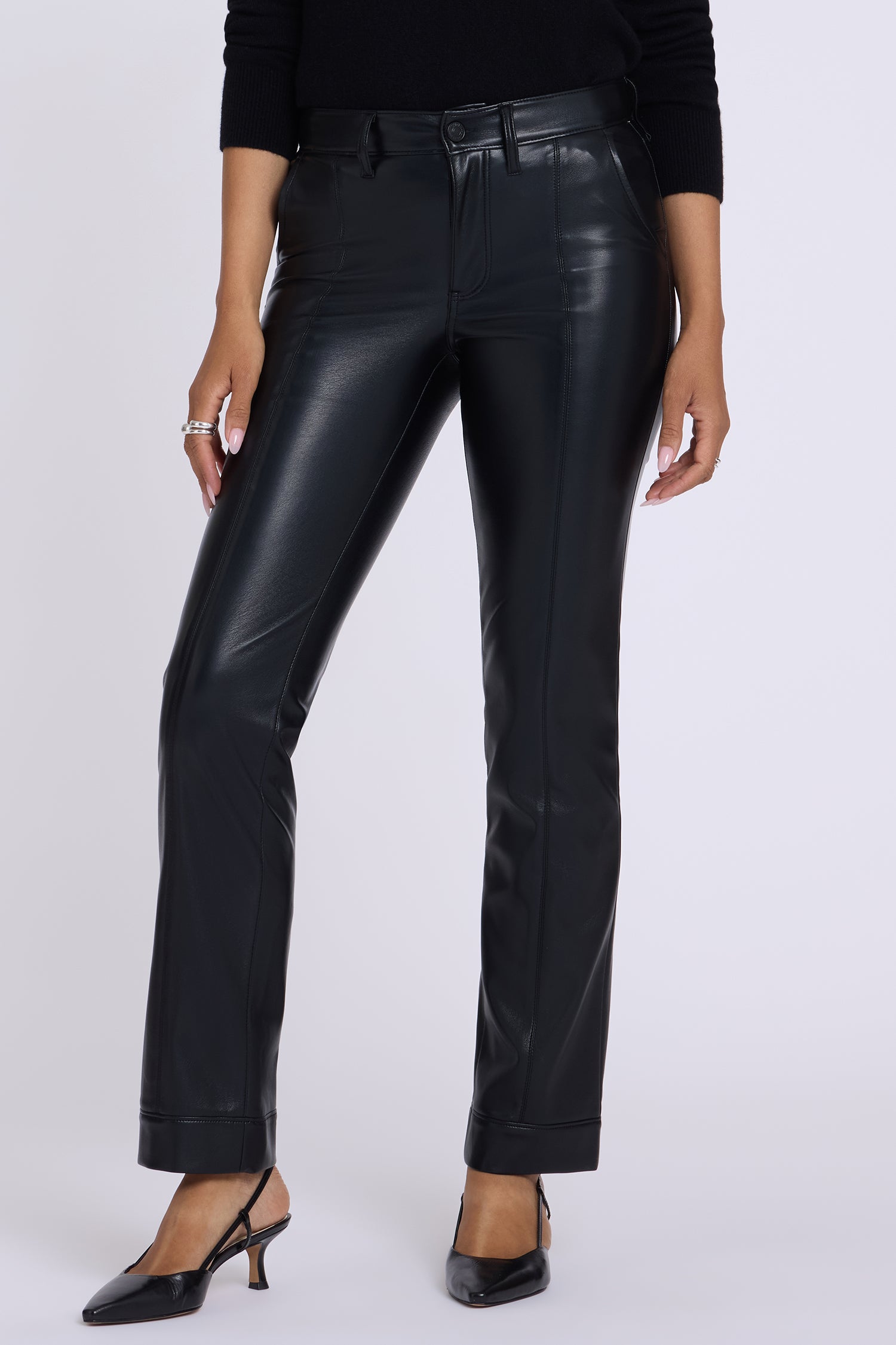 NYDJ Vegan Leather Marilyn Straight Pants With Band Hems Sculpt-Her™ Collection - Black
