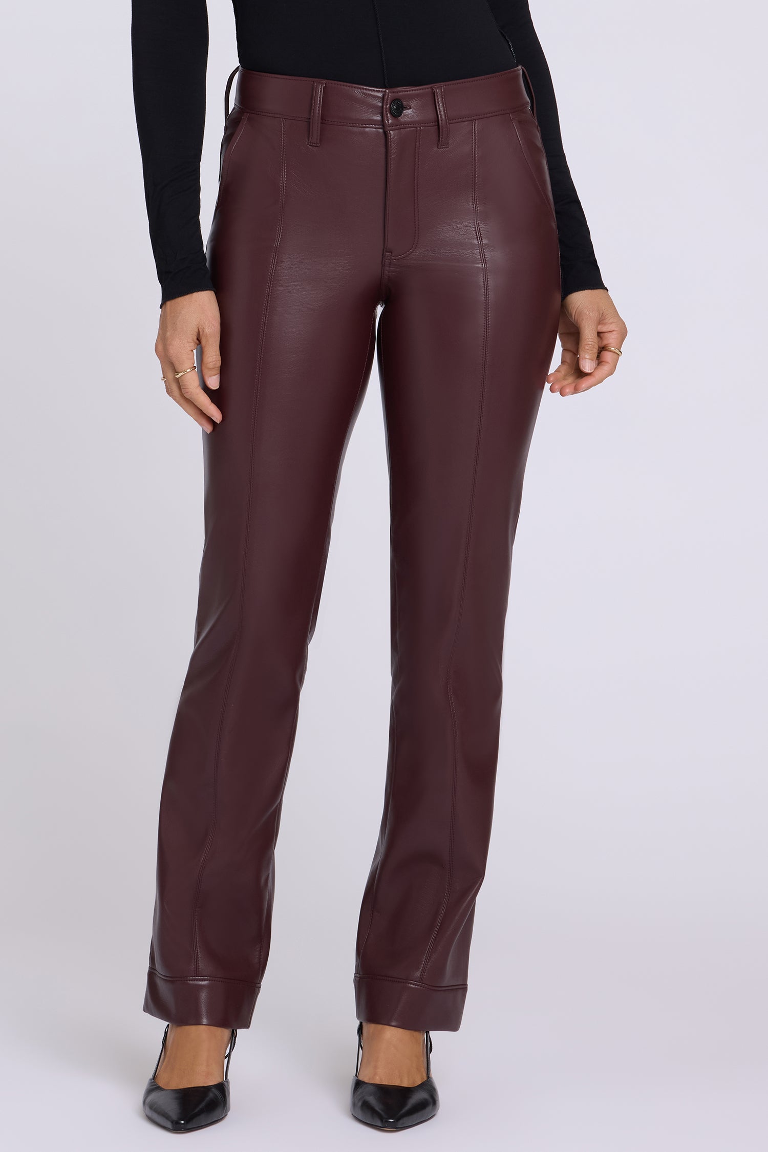 NYDJ Vegan Leather Marilyn Straight Pants With Band Hems Sculpt-Her™ Collection - Bitter Chocolate