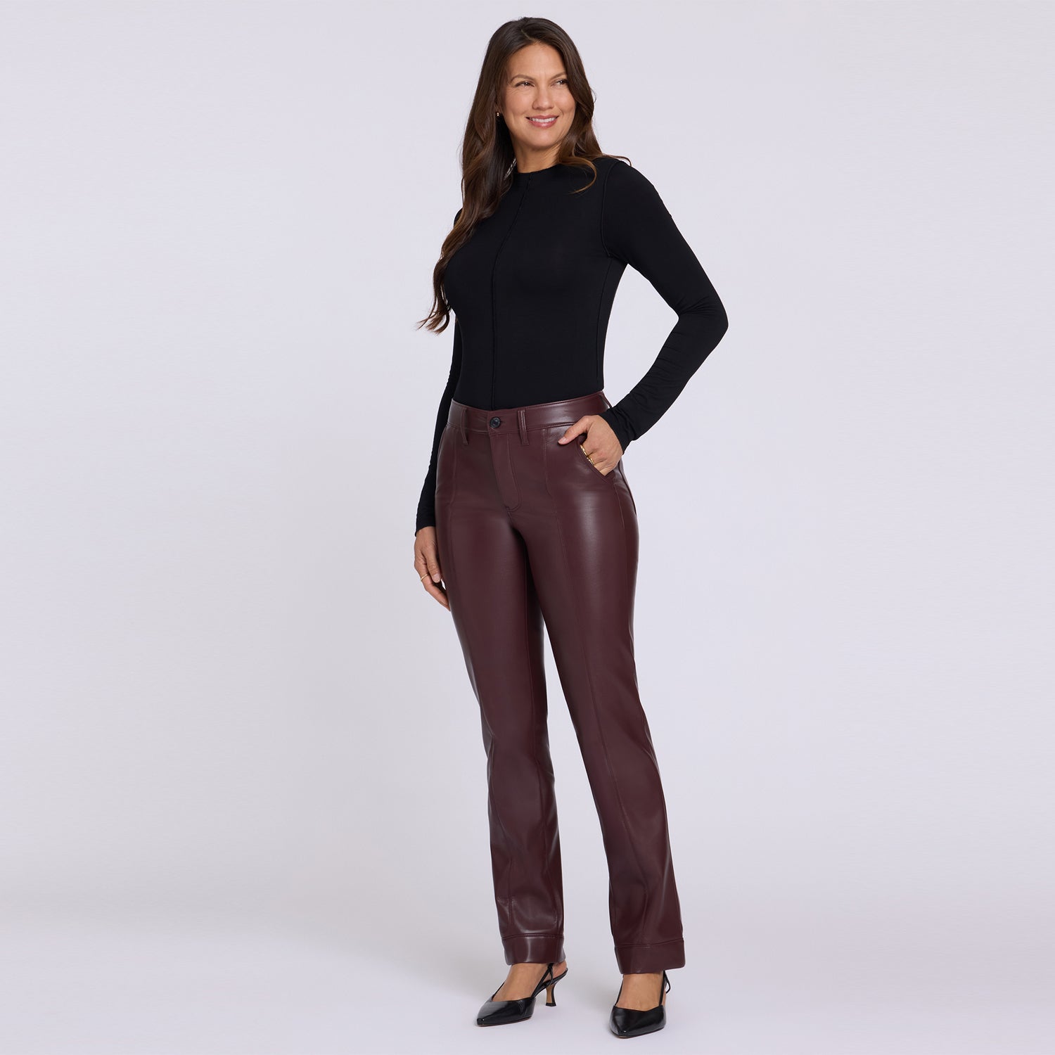 Vegan Leather Marilyn Straight Pants With Band Hems Sculpt-Her