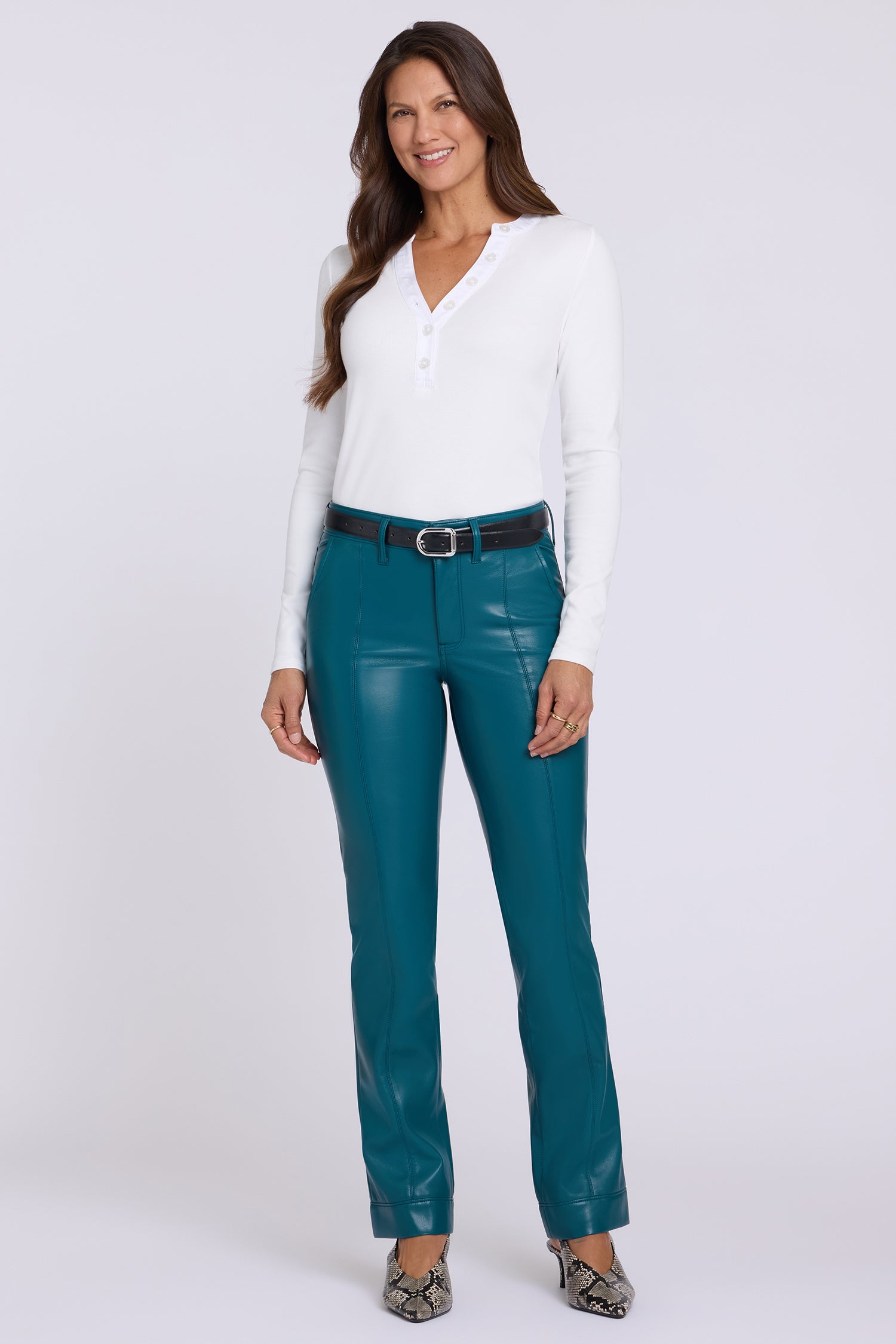 NYDJ Vegan Leather Marilyn Straight Pants With Band Hems Sculpt-Her™ Collection - Deep Forest