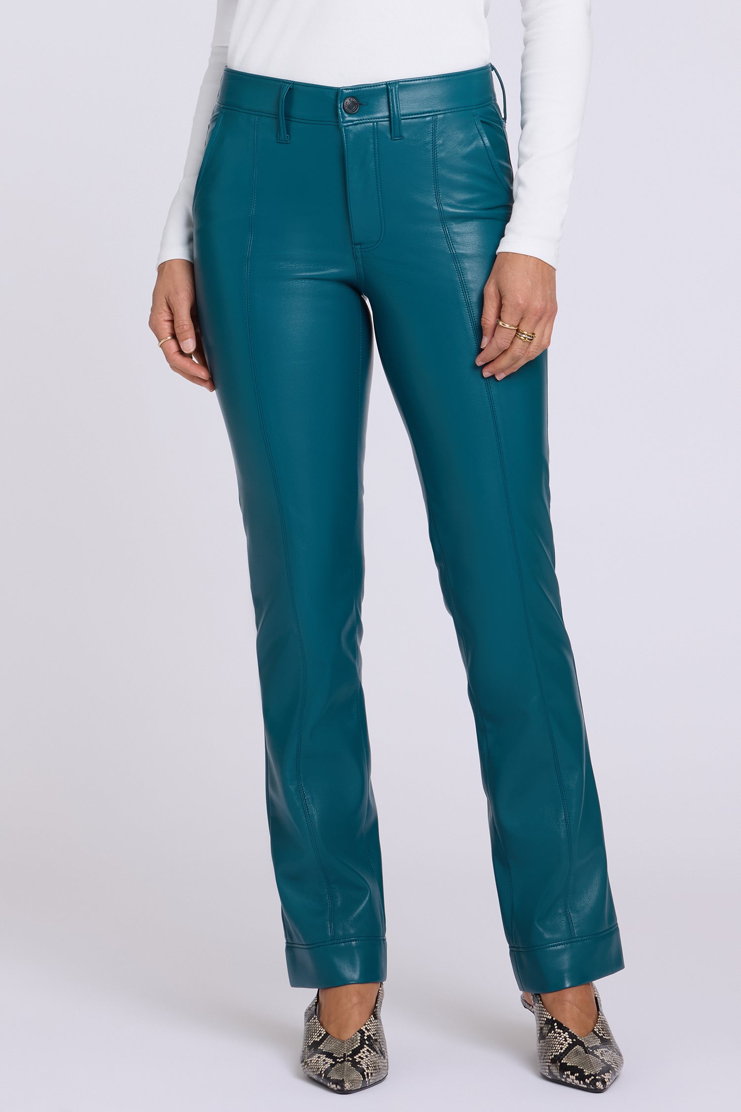 NYDJ Vegan Leather Marilyn Straight Pants With Band Hems Sculpt-Her™ Collection - Deep Forest