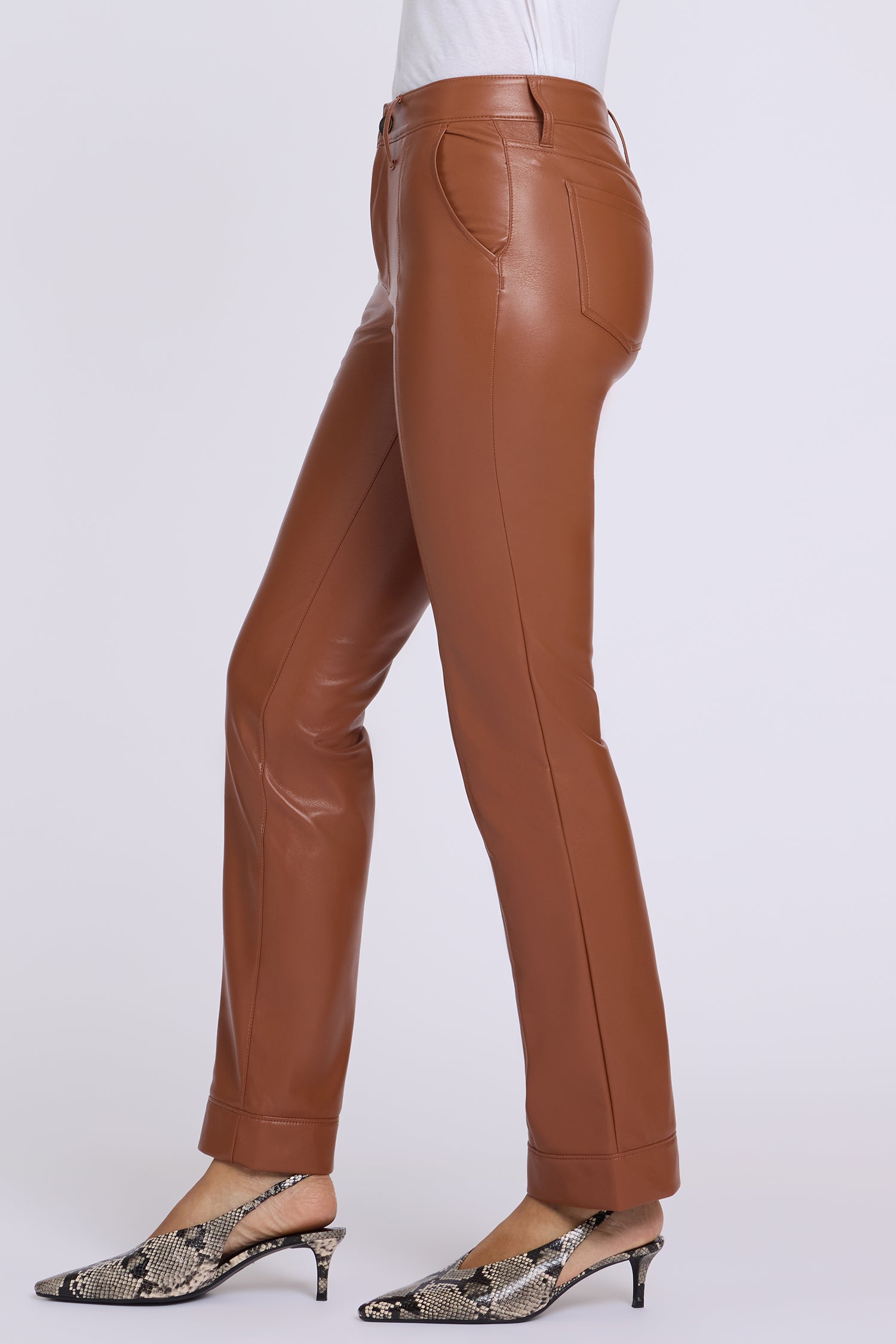 NYDJ Vegan Leather Marilyn Straight Pants With Band Hems Sculpt-Her™ Collection - Mocha Bisque