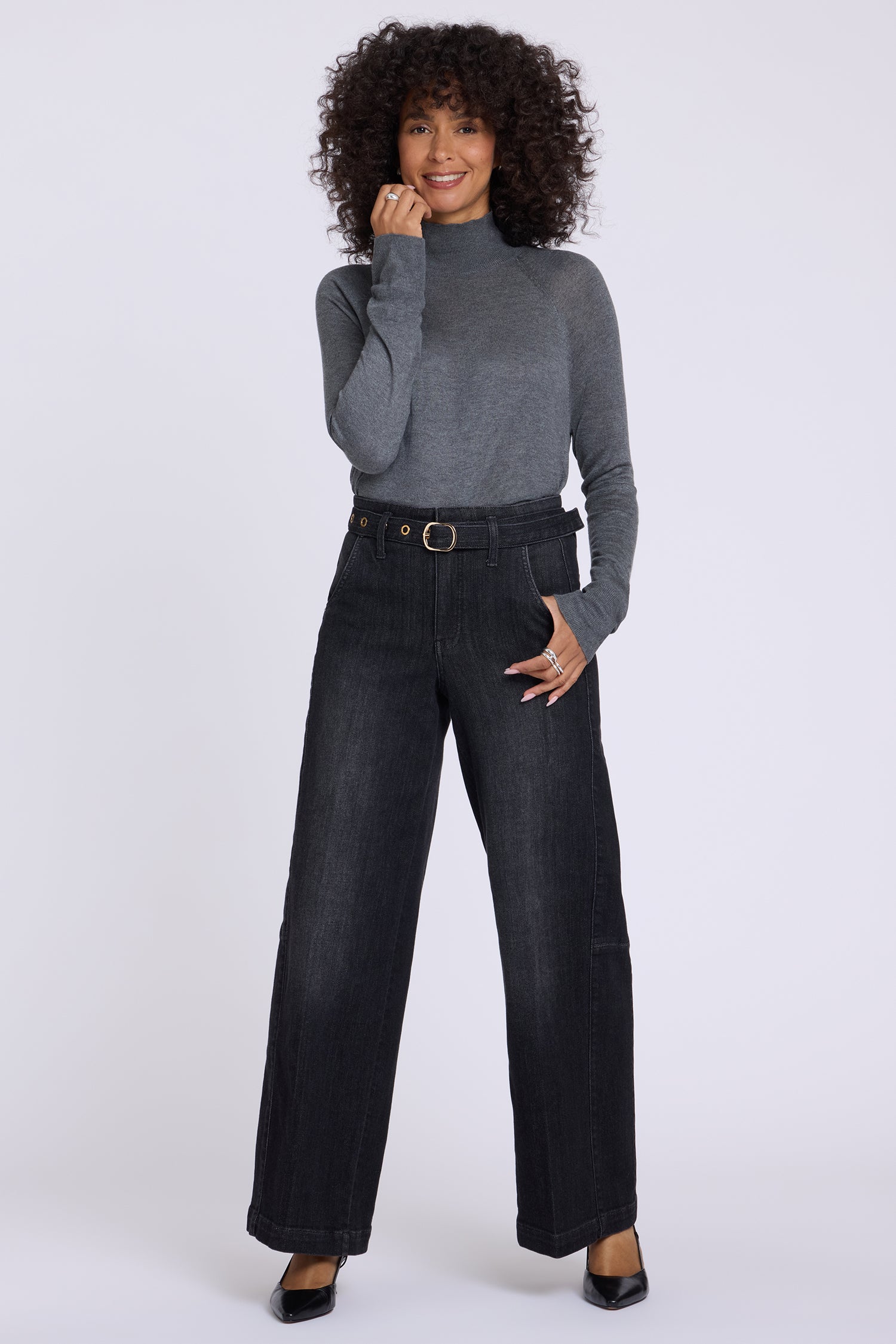 NYDJ Gracie Wide Leg Jeans With High Rise, Paneled Seam Detail And Grommeted Belt - Viola Black