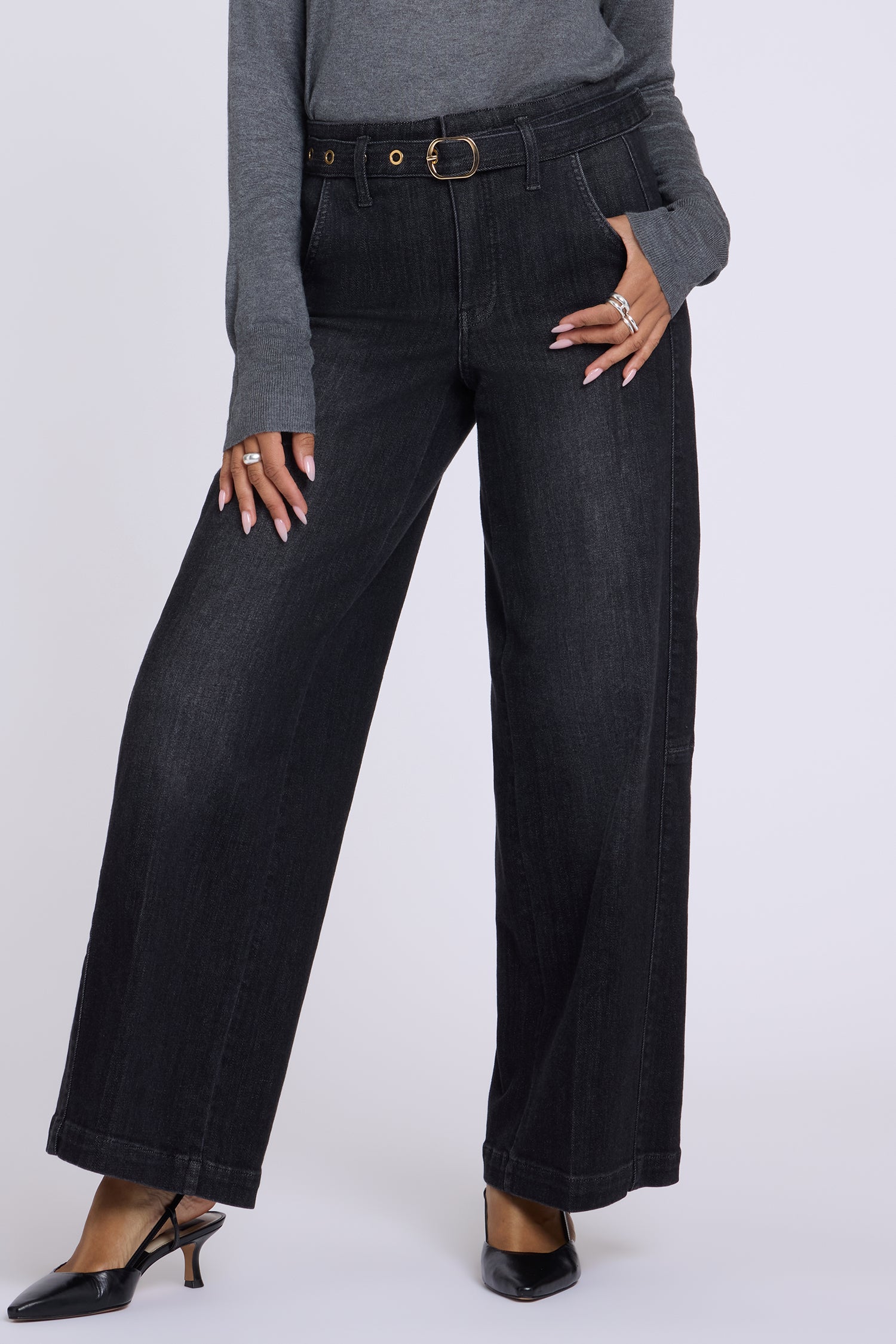 NYDJ Gracie Wide Leg Jeans With High Rise, Paneled Seam Detail And Grommeted Belt - Viola Black