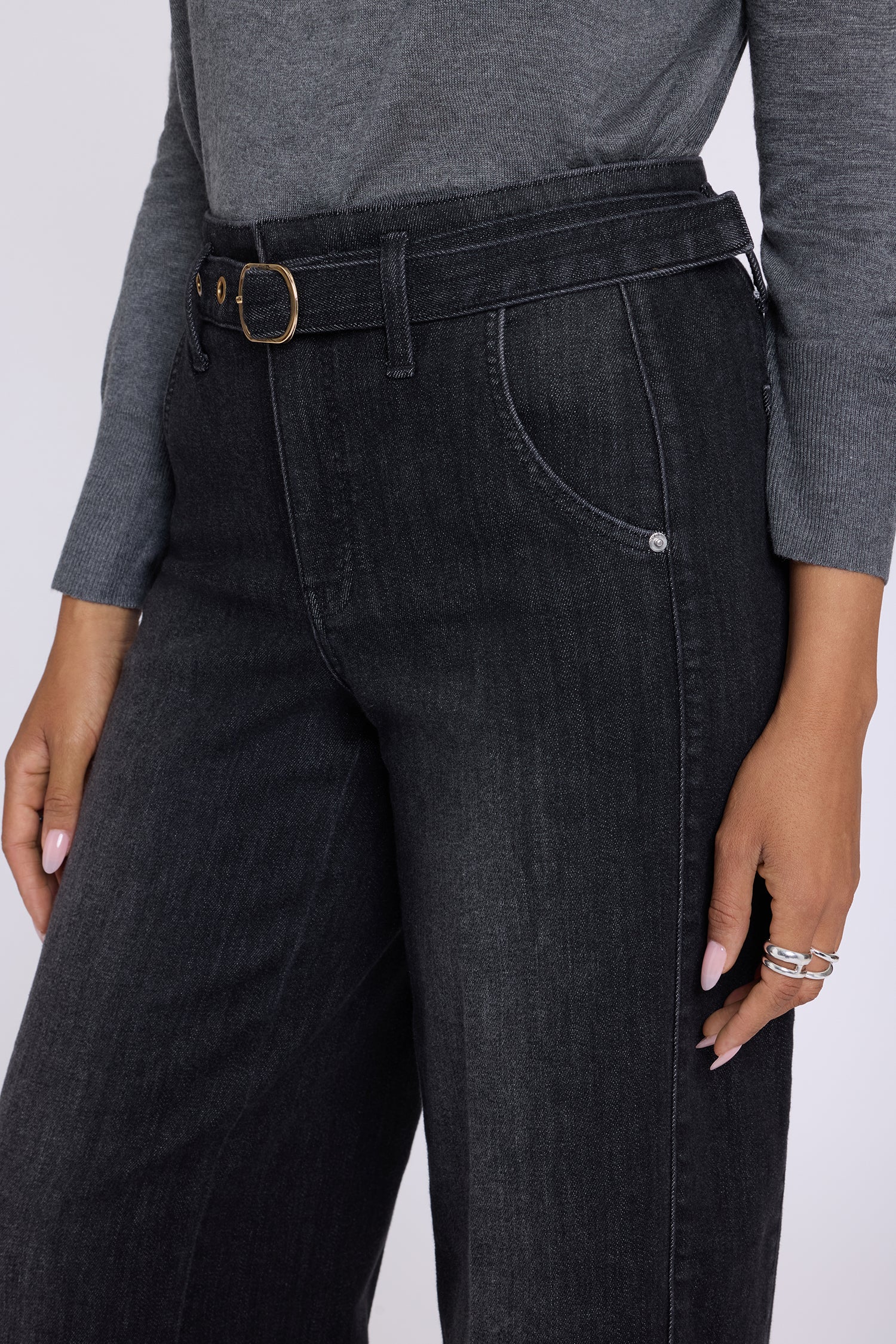 NYDJ Gracie Wide Leg Jeans With High Rise, Paneled Seam Detail And Grommeted Belt - Viola Black