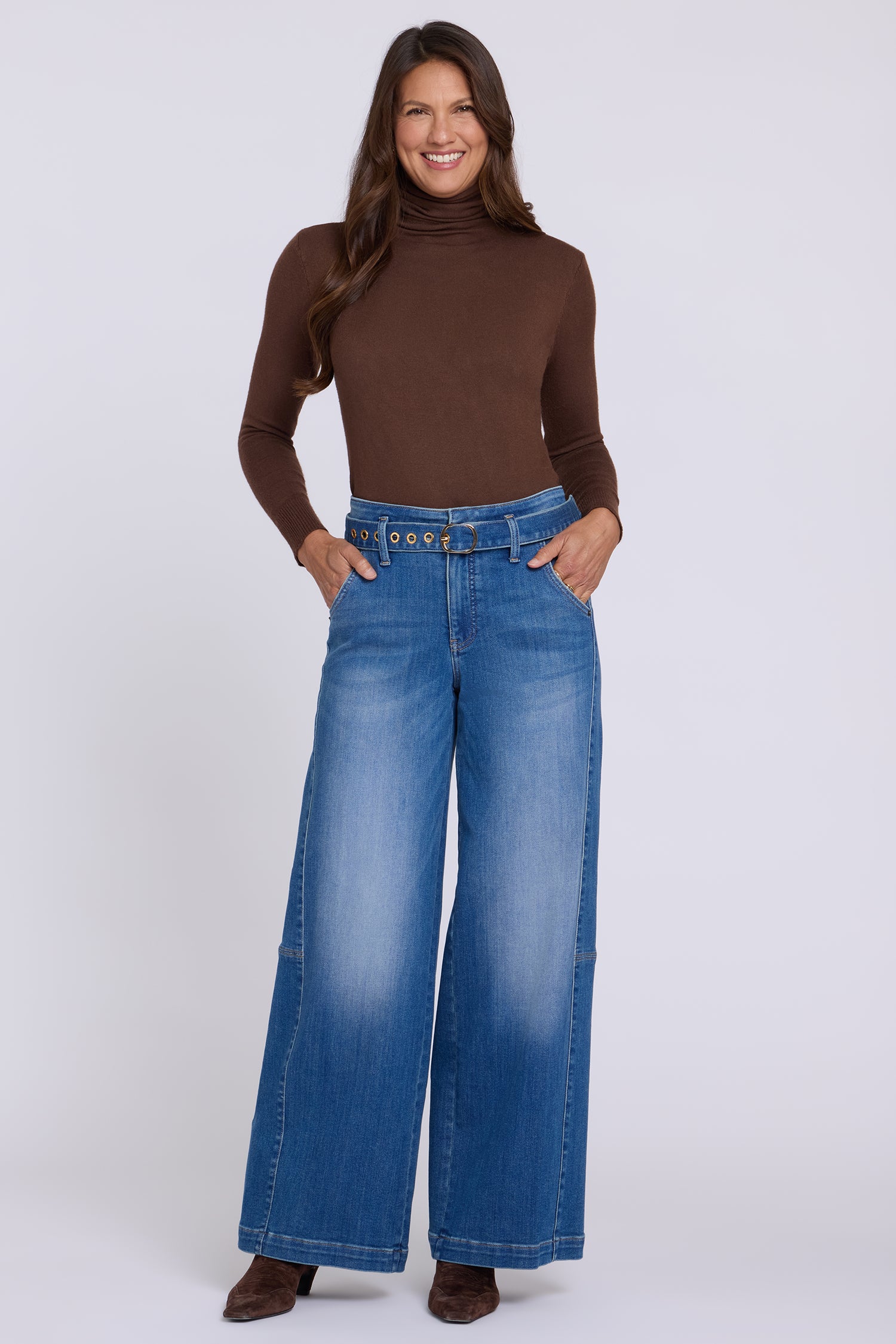 NYDJ Gracie Wide Leg Jeans With High Rise, Paneled Seam Detail And Grommeted Belt - Agave