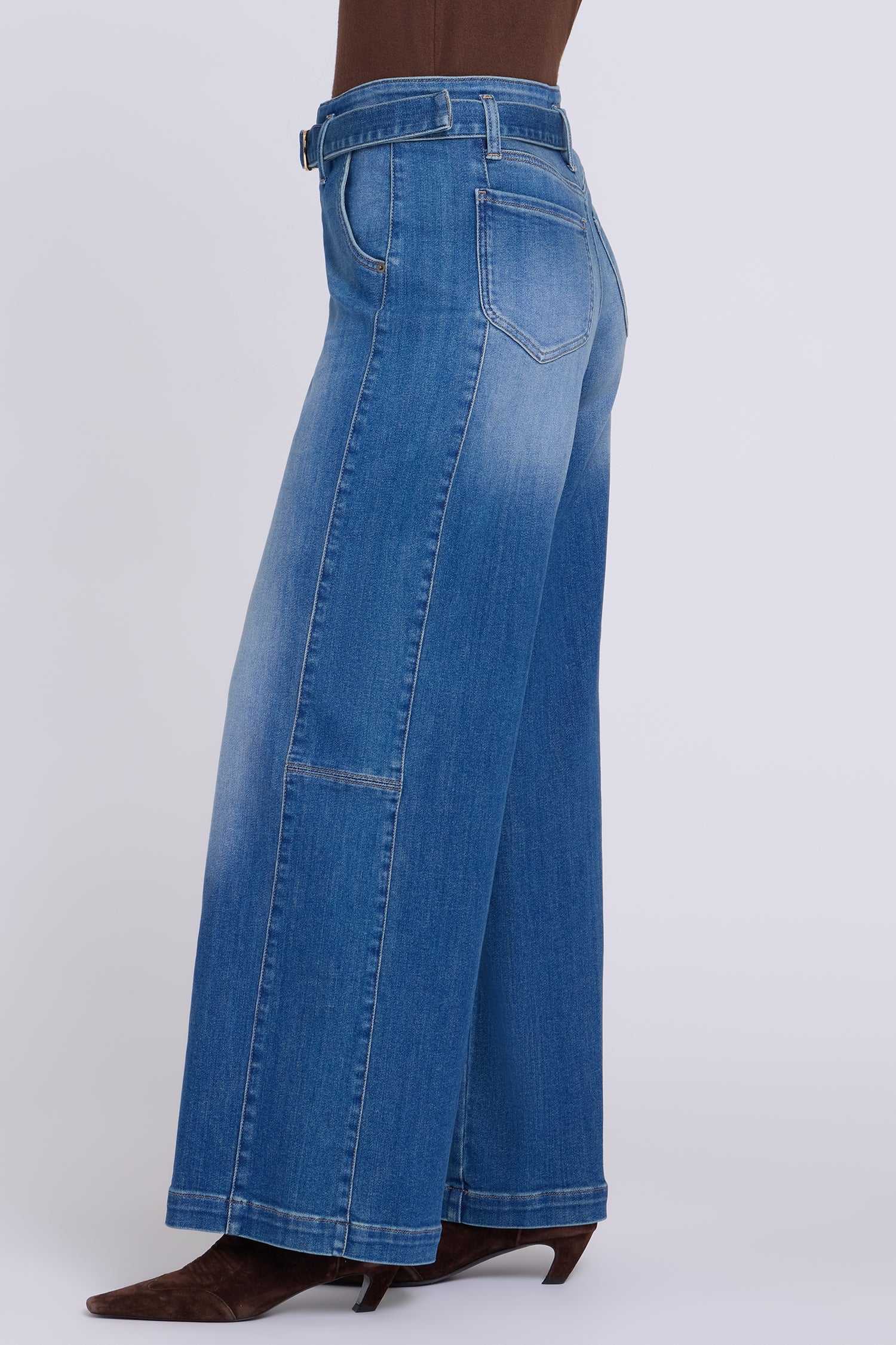 NYDJ Gracie Wide Leg Jeans With High Rise, Paneled Seam Detail And Grommeted Belt - Agave