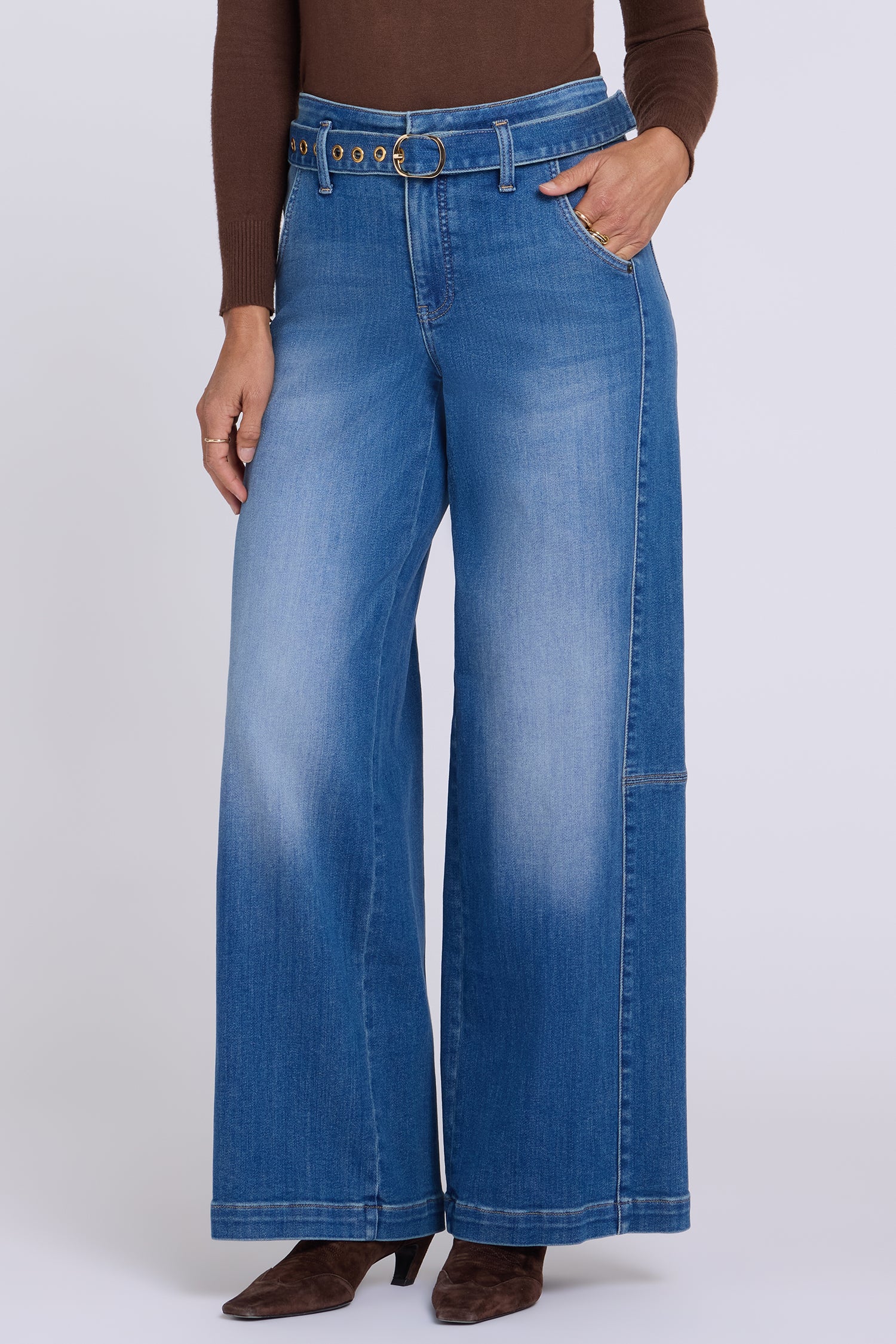 NYDJ Gracie Wide Leg Jeans With High Rise, Paneled Seam Detail And Grommeted Belt - Agave