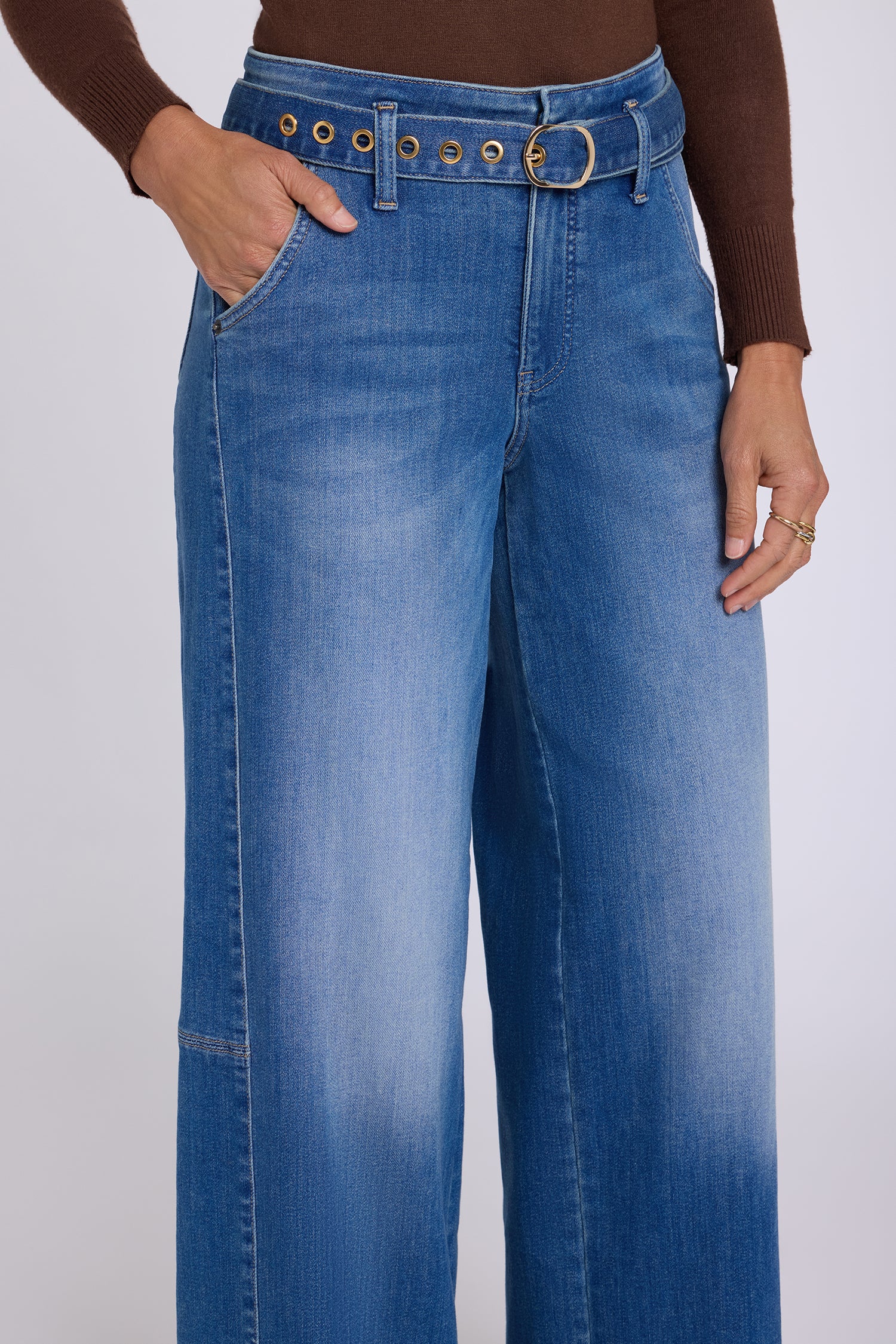 NYDJ Gracie Wide Leg Jeans With High Rise, Paneled Seam Detail And Grommeted Belt - Agave