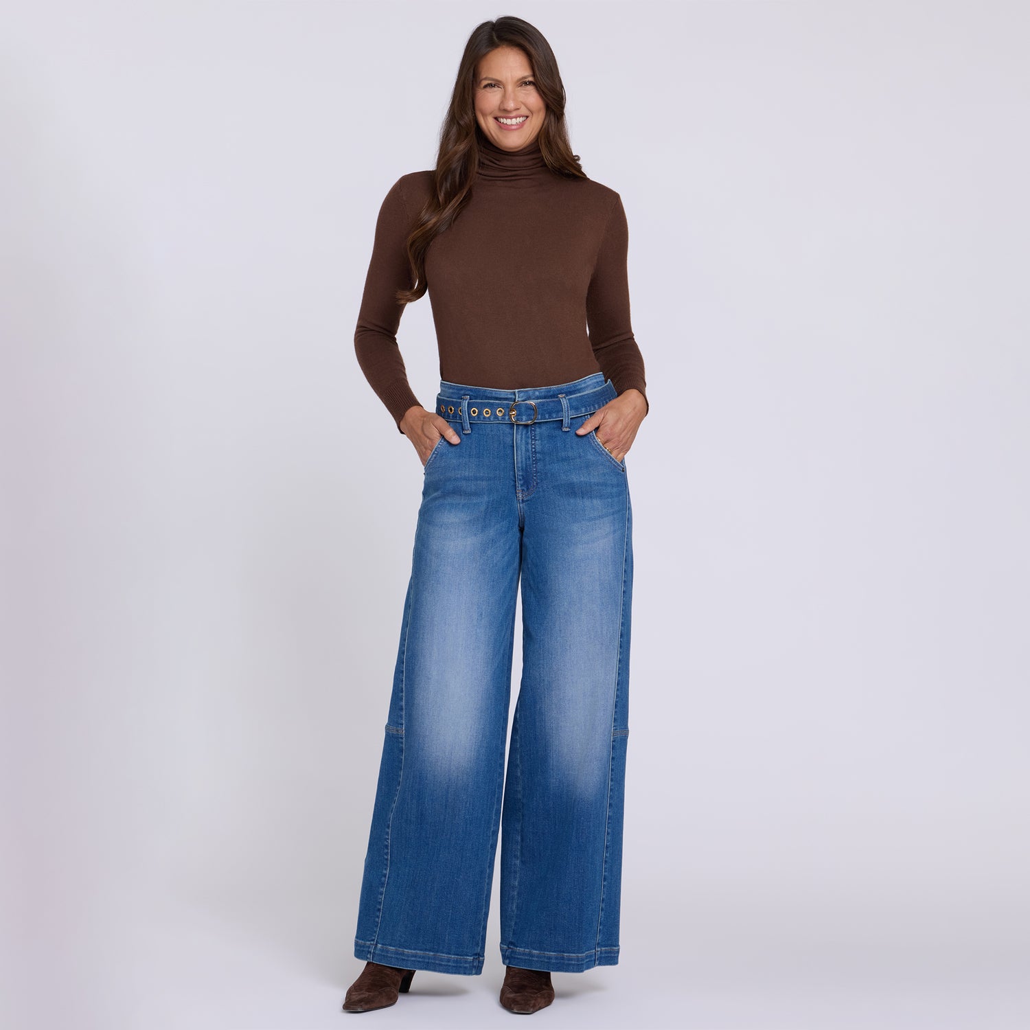Gracie Wide Leg Jeans With High Rise, Paneled Seam Detail And