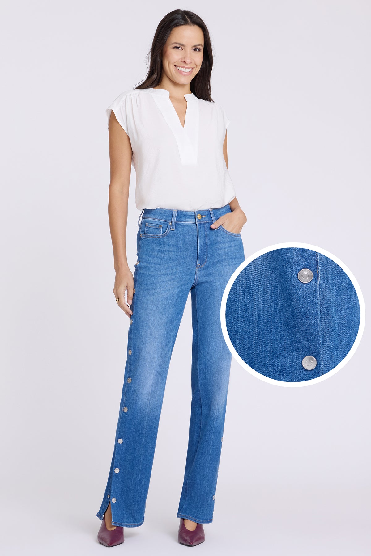 NYDJ Bailey Relaxed Straight Jeans With High Rise And Side Snaps - Boxwood