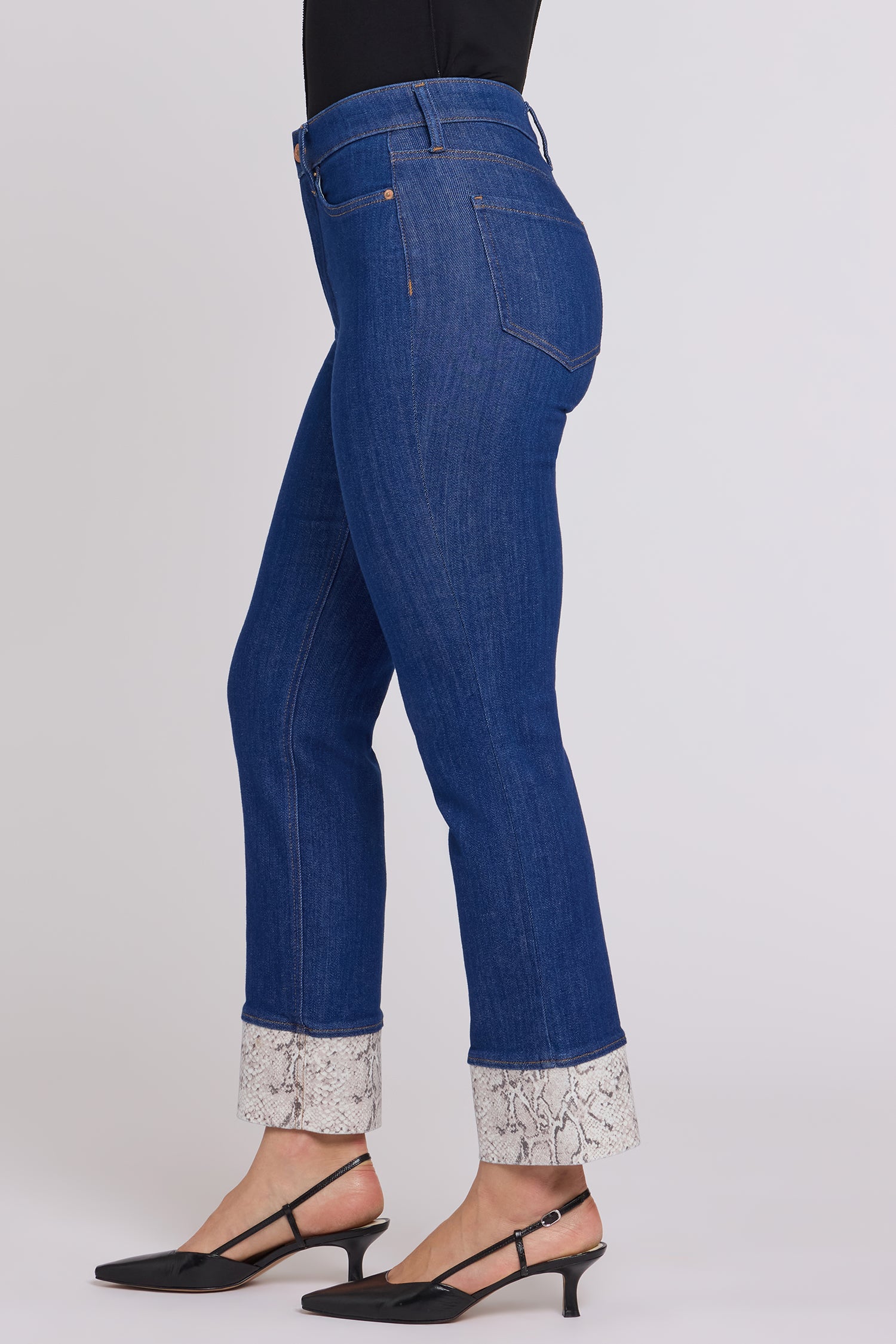 NYDJ Marilyn Straight Jeans With High Rise, Python Print Cuffs and 30" Inseam - Blue Rinse