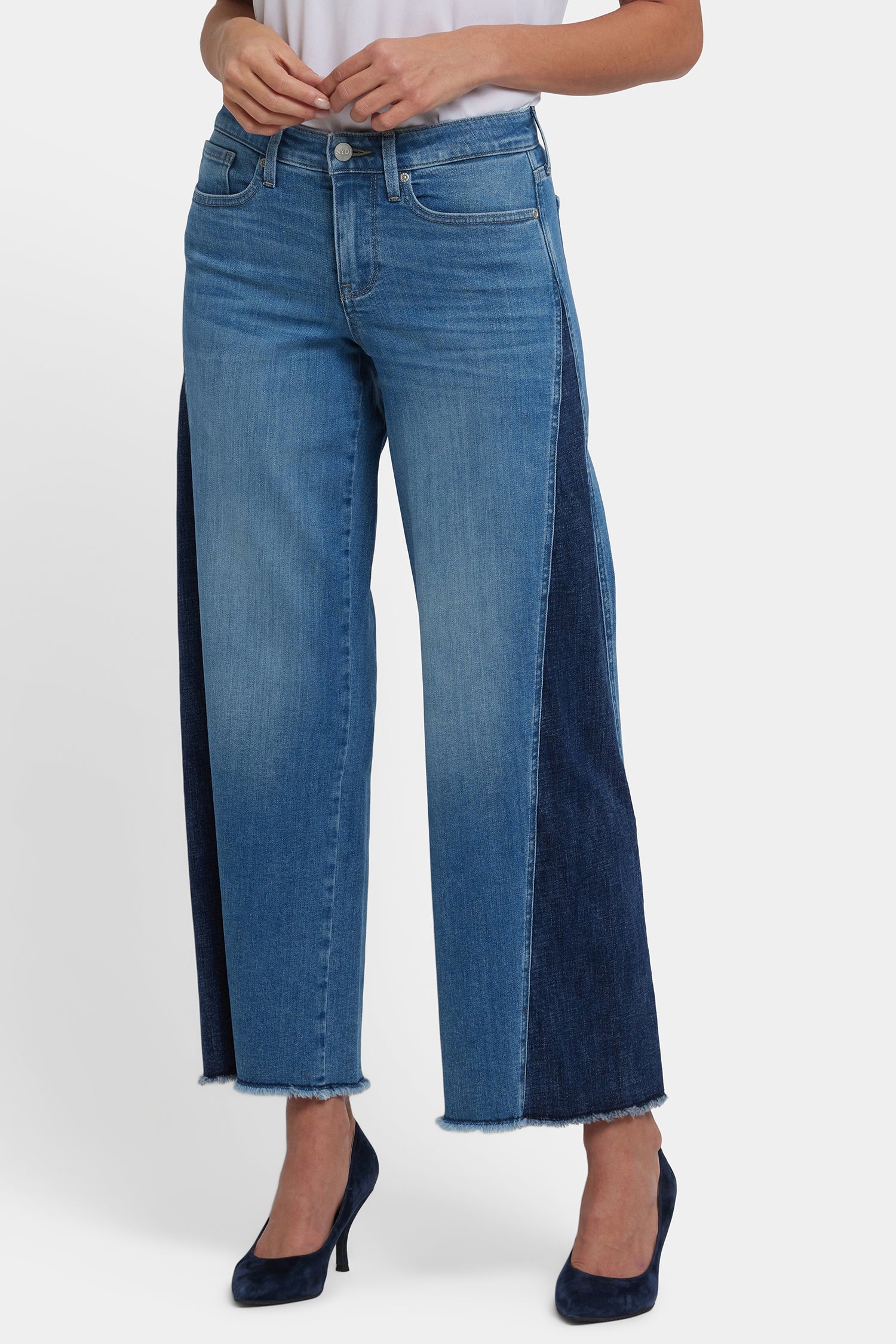 NYDJ Teresa Wide Leg Jeans With Contrast Side Panels, Frayed Hems And 29