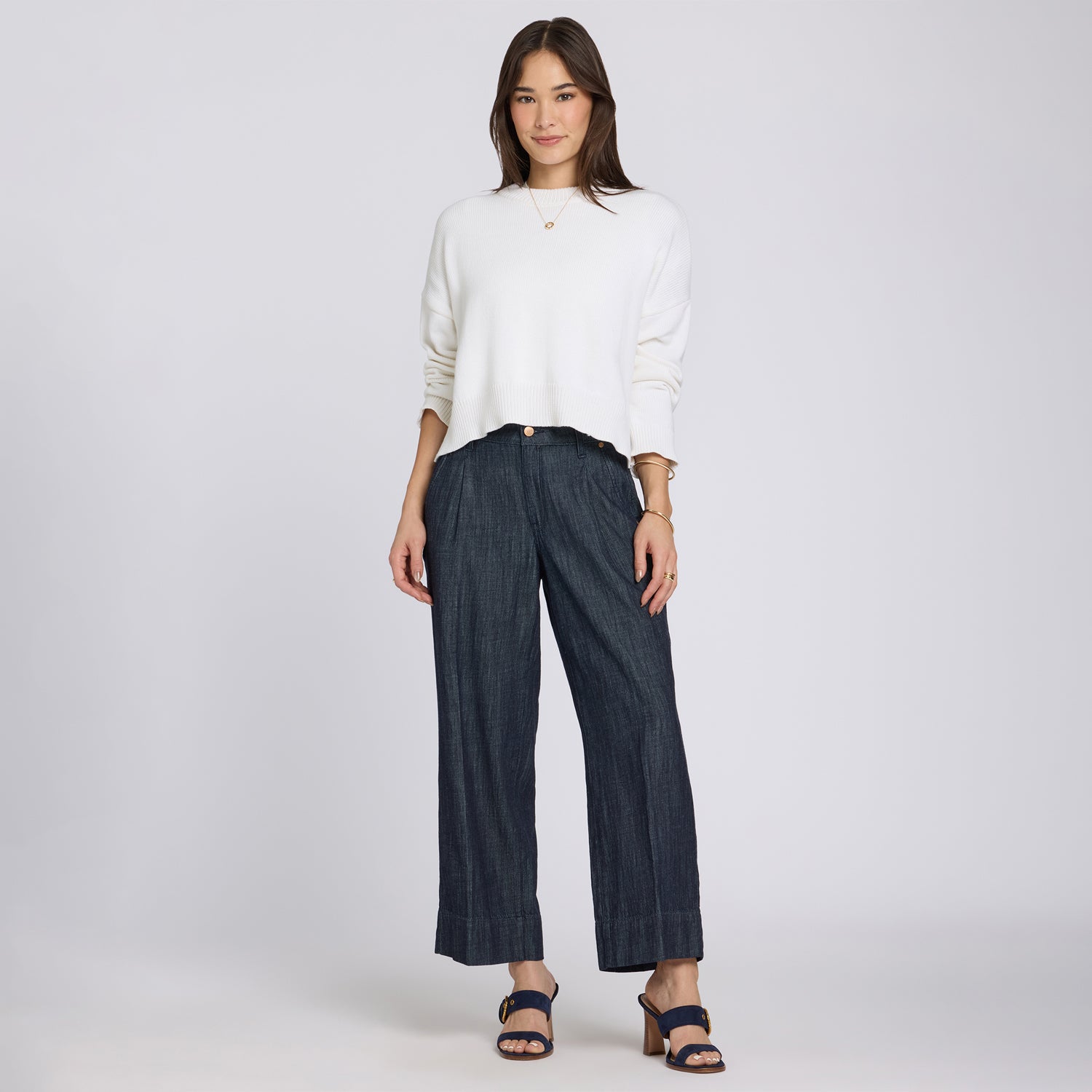 Teresa Wide Leg Ankle Jeans With High Rise And Pleats - Dark