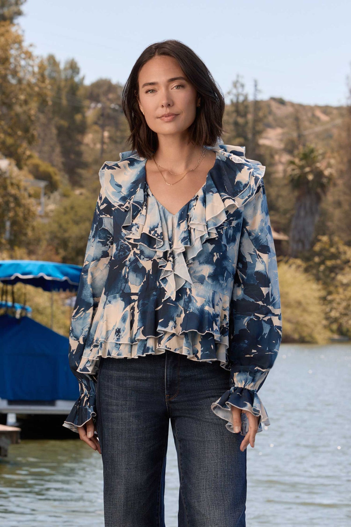 NYDJ Ruffle Blouse  - Lily Garden Indigo