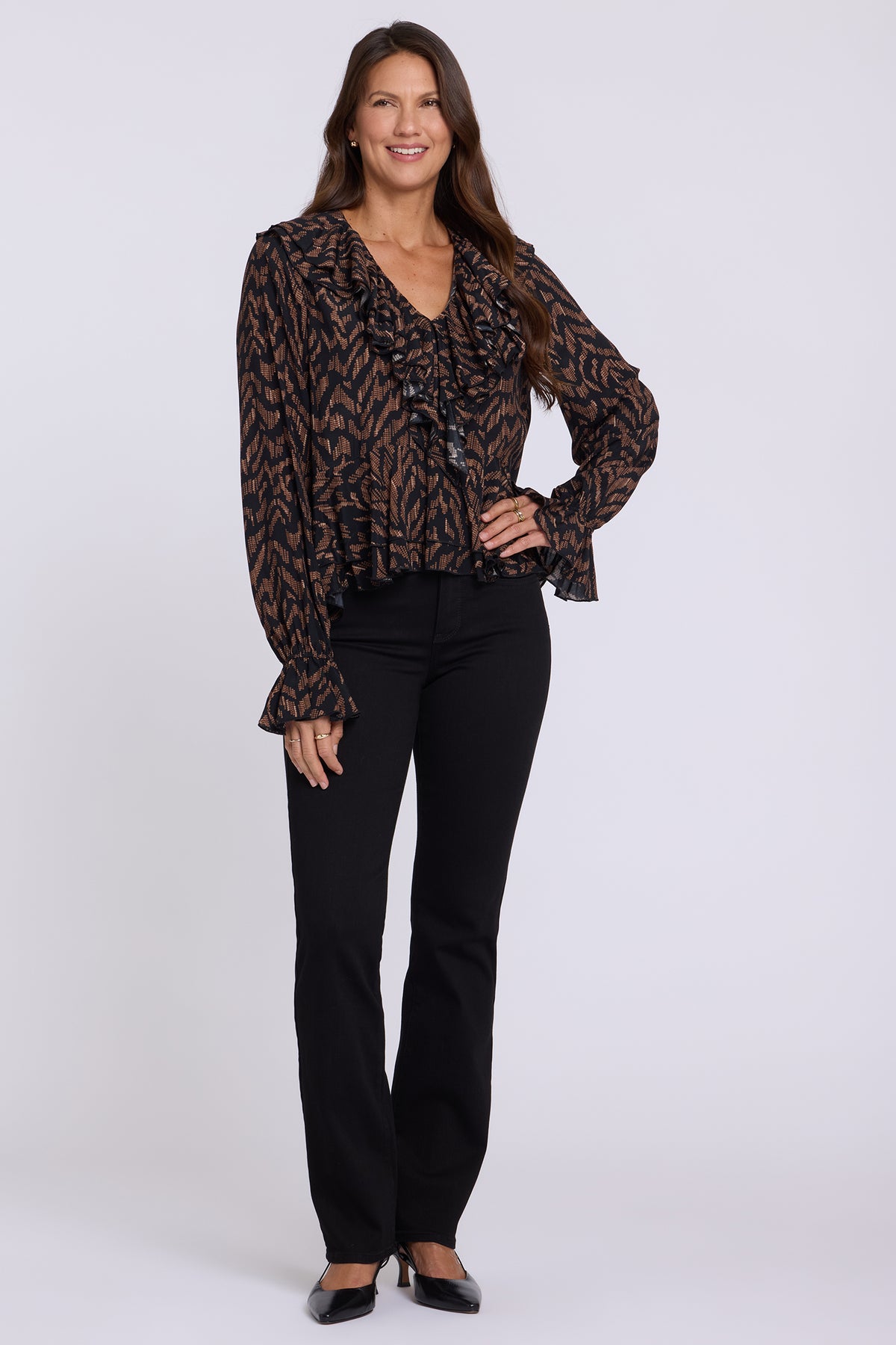 NYDJ Ruffle Blouse  - Jagged Tiger Chocolate