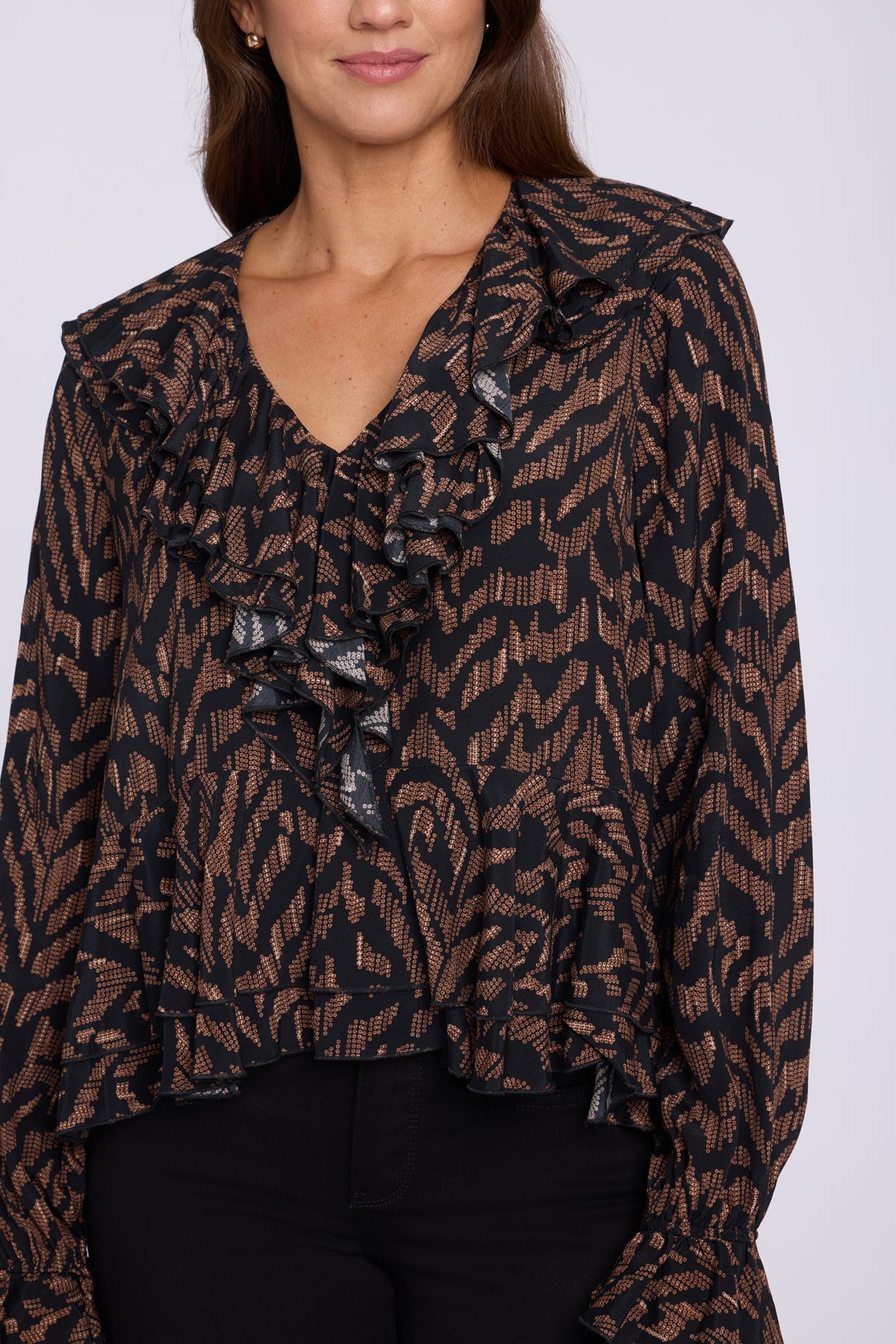 NYDJ Ruffle Blouse  - Jagged Tiger Chocolate