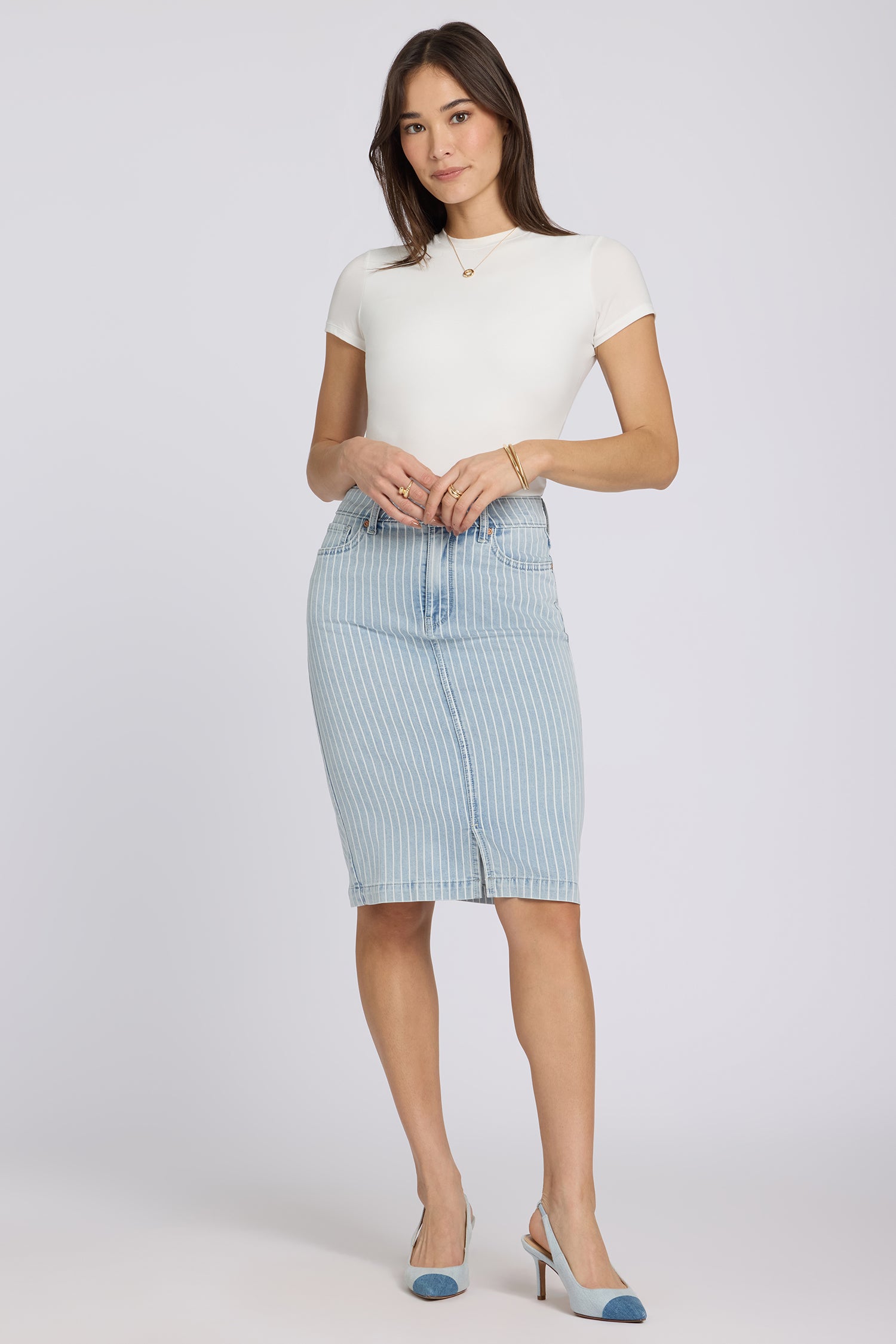 NYDJ High Rise Denim Skirt With Front Slit - Azure Stripe