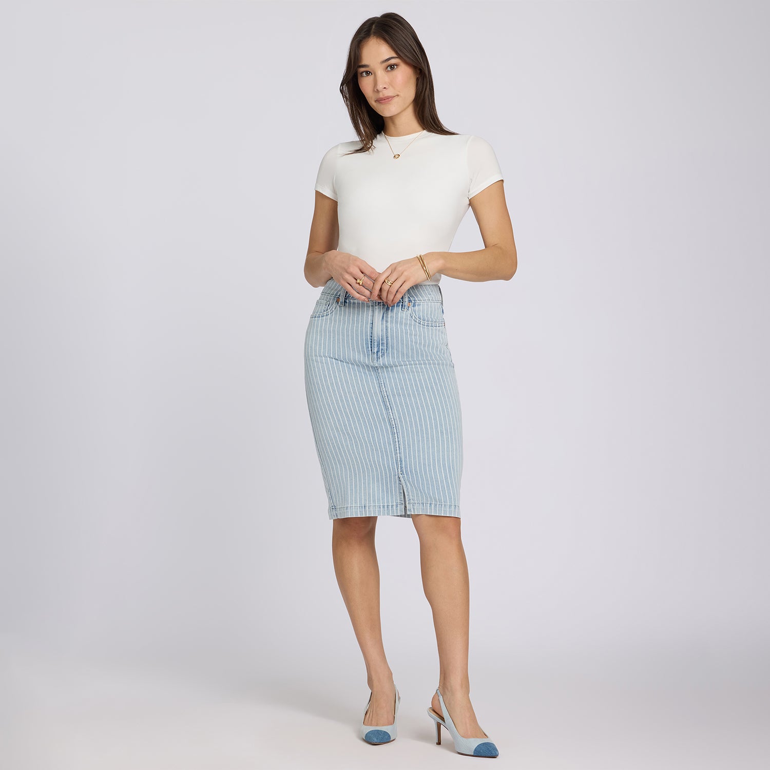 High Rise Denim Skirt With Front Slit - Azure Stripe Blue | NYDJ