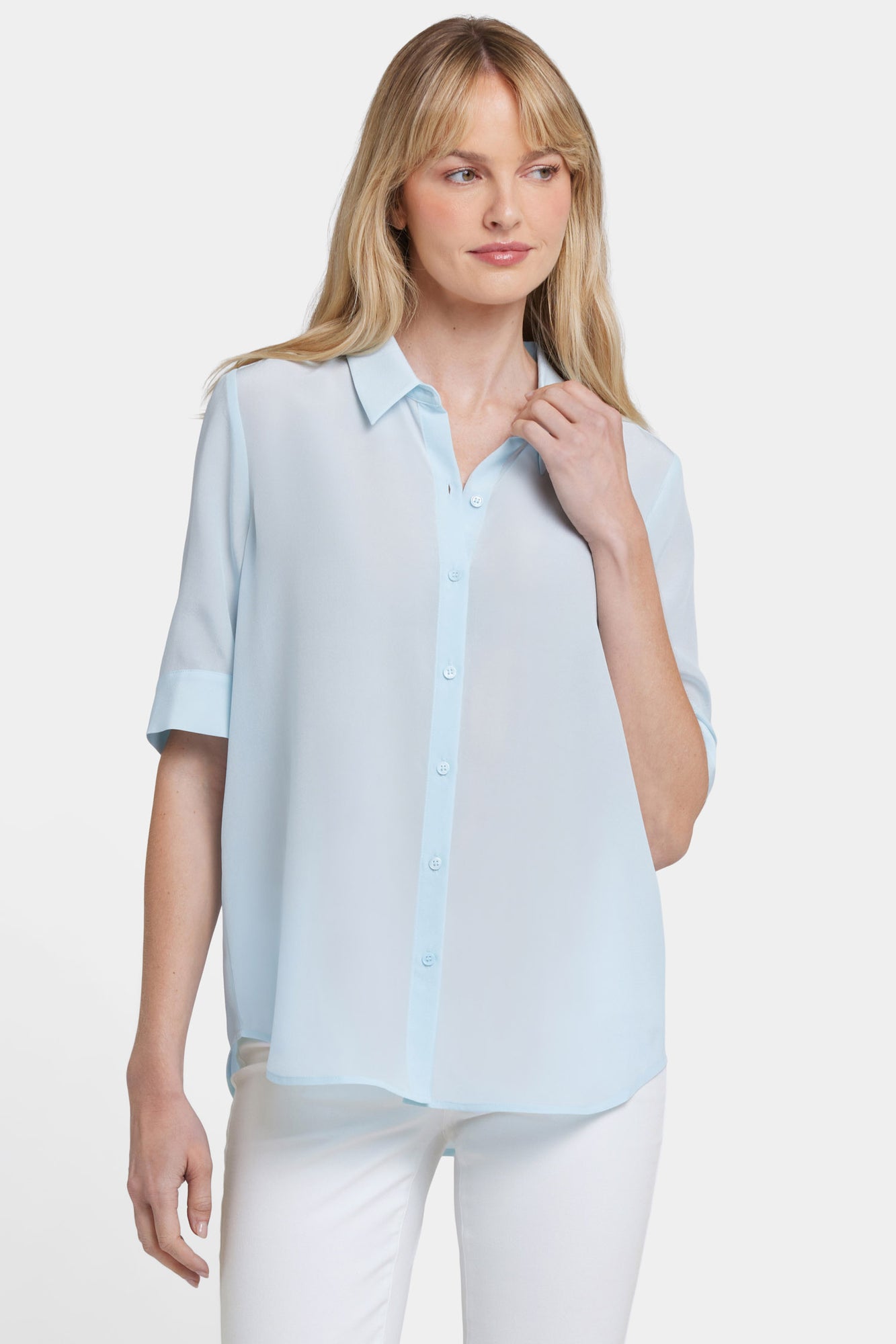 NYDJ Riley Silk Elbow Sleeved Blouse  - Aquatic