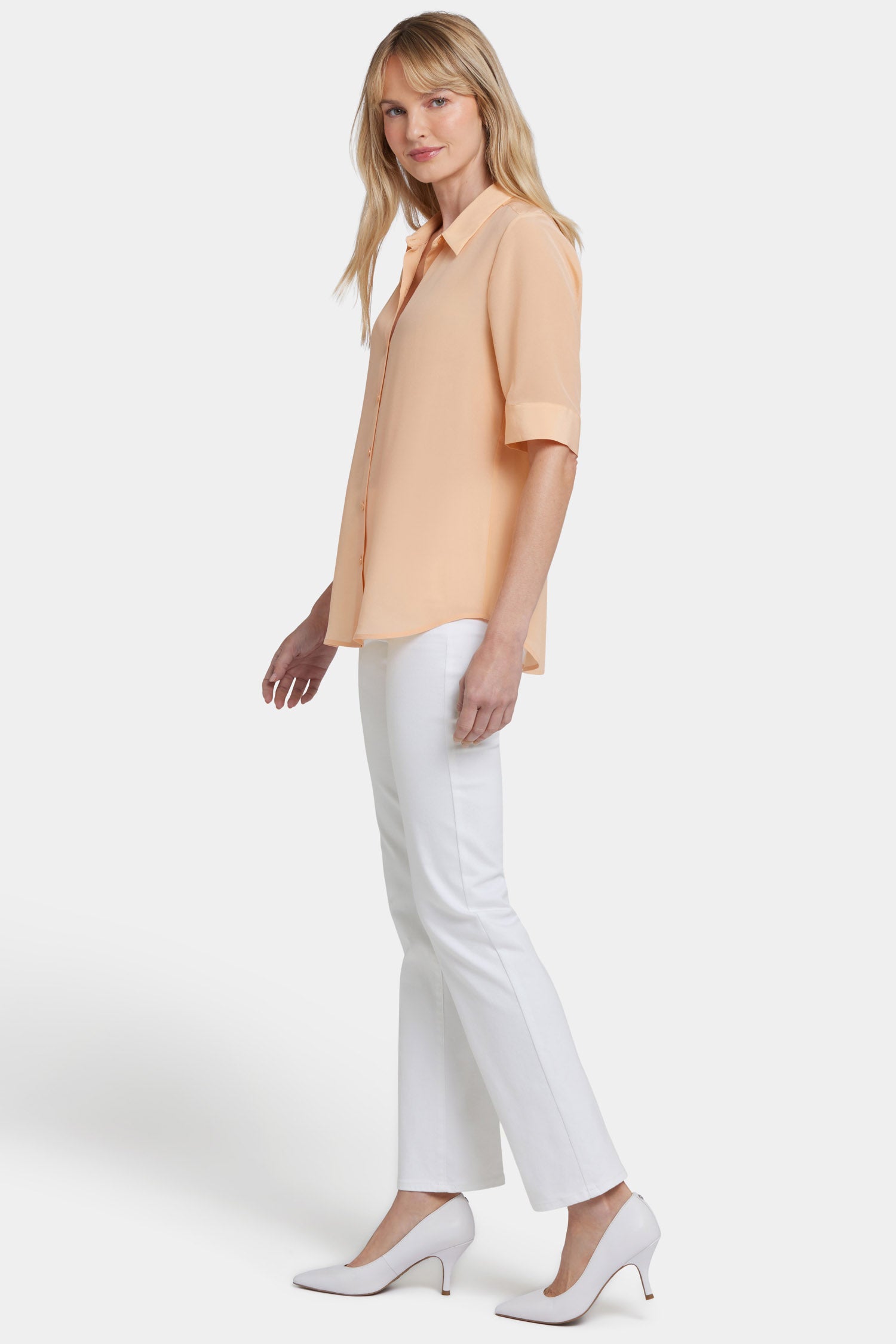 NYDJ Riley Silk Elbow Sleeved Blouse  - Apricot Nectar