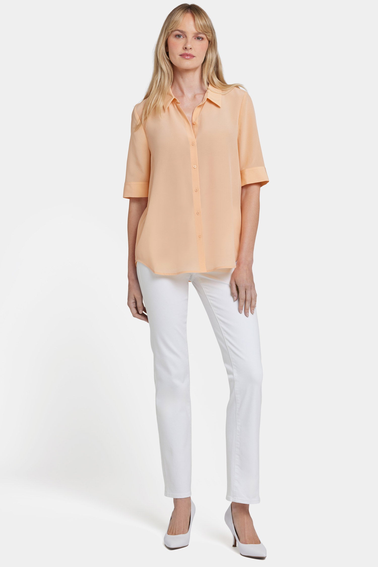 NYDJ Riley Silk Elbow Sleeved Blouse  - Apricot Nectar