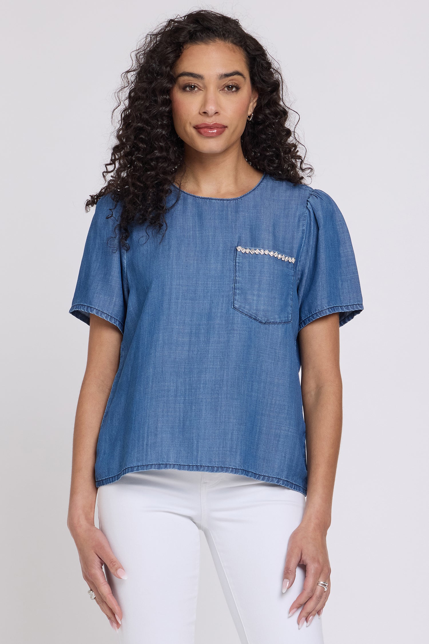 NYDJ Puff Sleeved Tee With Embellished Pocket - Medium Indigo
