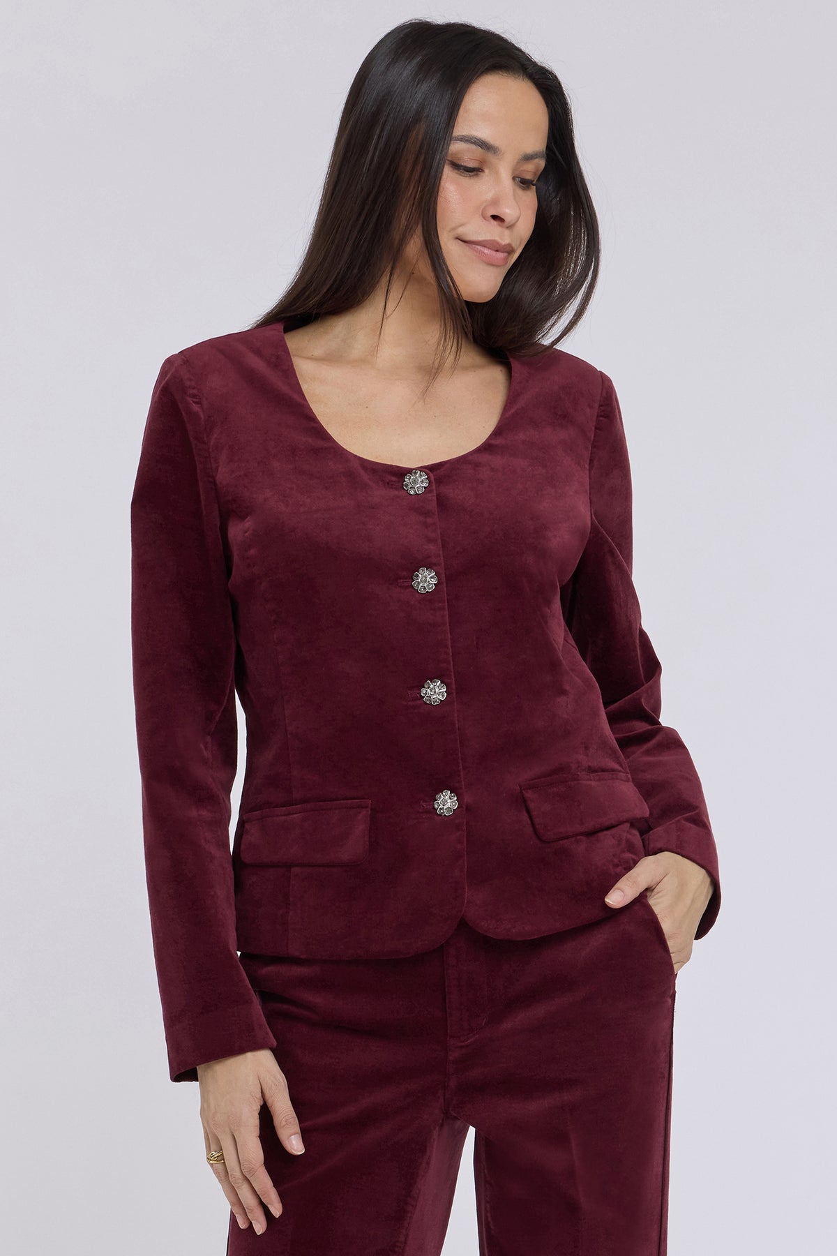 NYDJ Bethany Blazer In Velveteen - True Burgundy