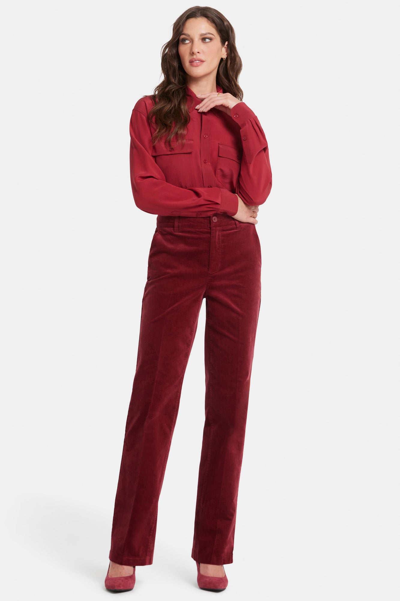 NYDJ Straight Trouser Pants In Velveteen With High Rise - Wild Currant