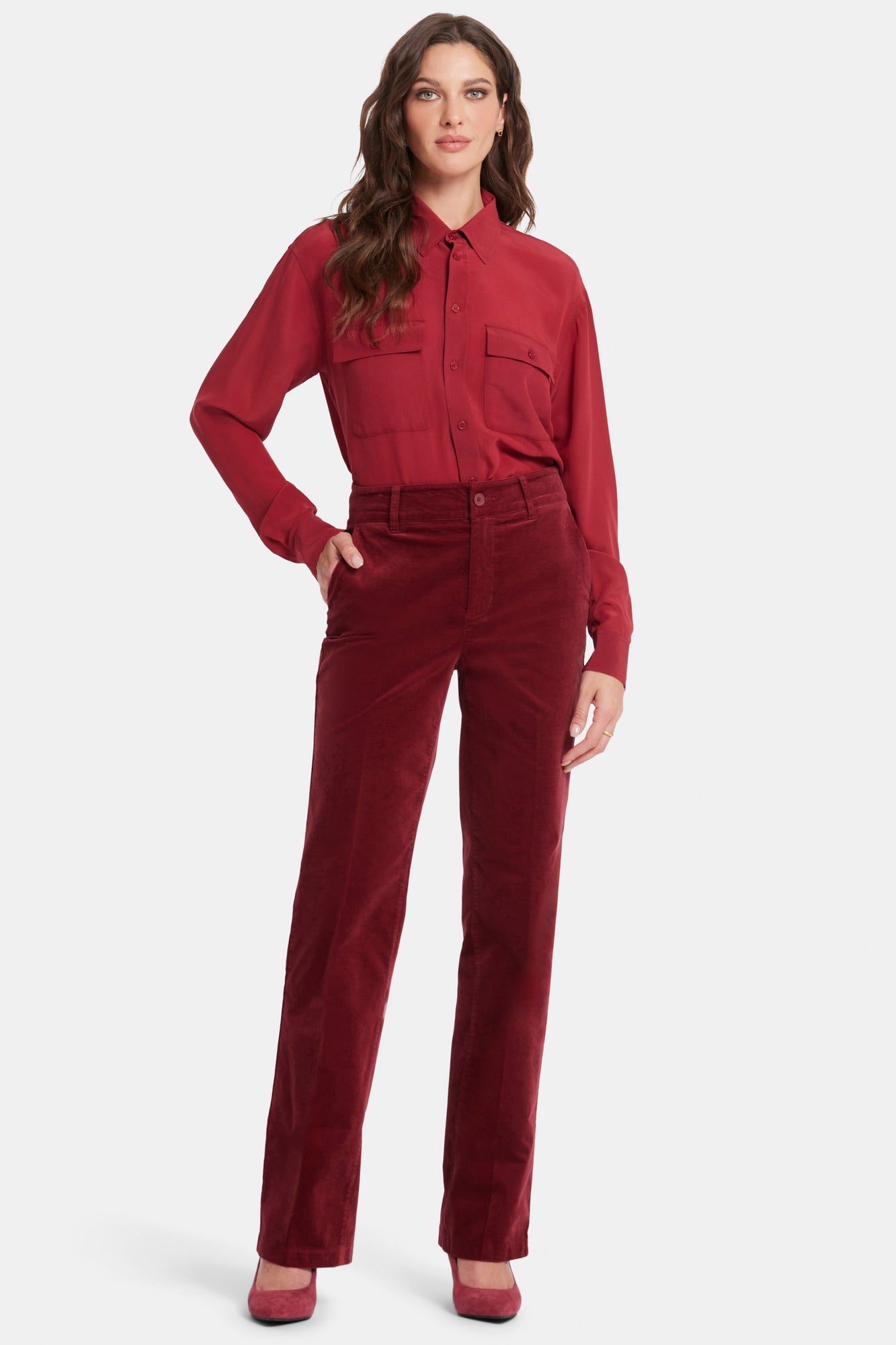 NYDJ Straight Trouser Pants In Velveteen With High Rise - Wild Currant