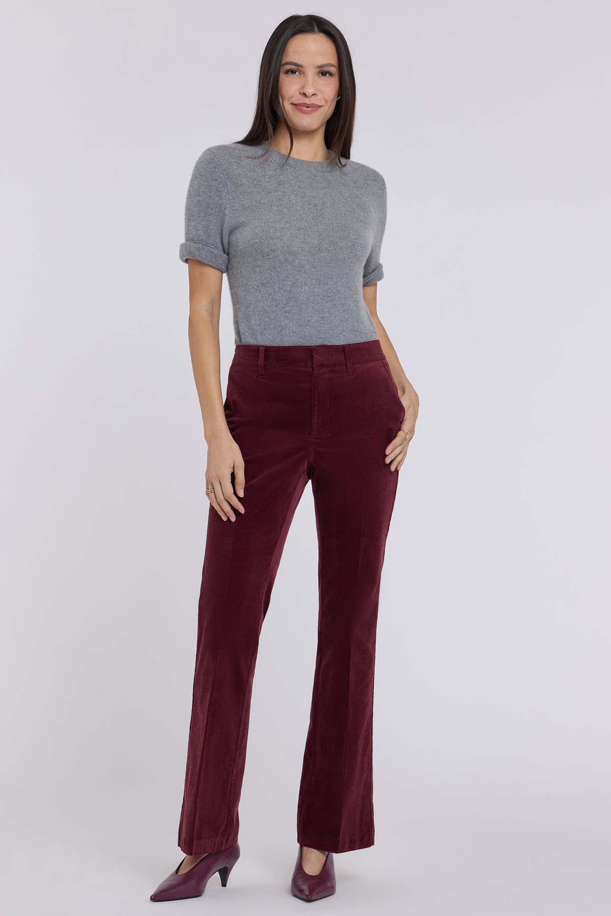 NYDJ Felicity Flared Trouser Pants In Velveteen With High Rise - True Burgundy