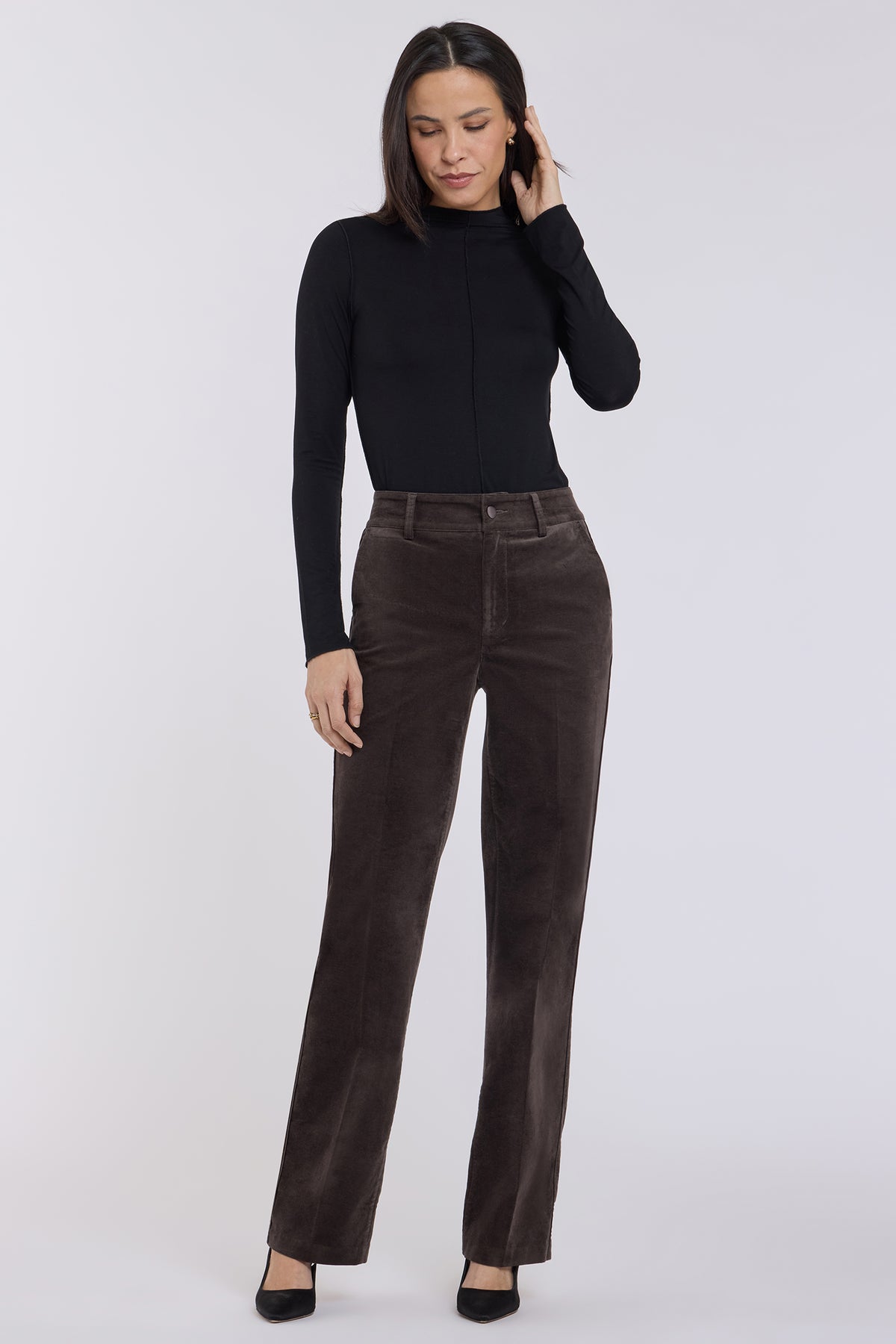 NYDJ Straight Trouser Pants In Velveteen With High Rise And Satin Piping - Falcon