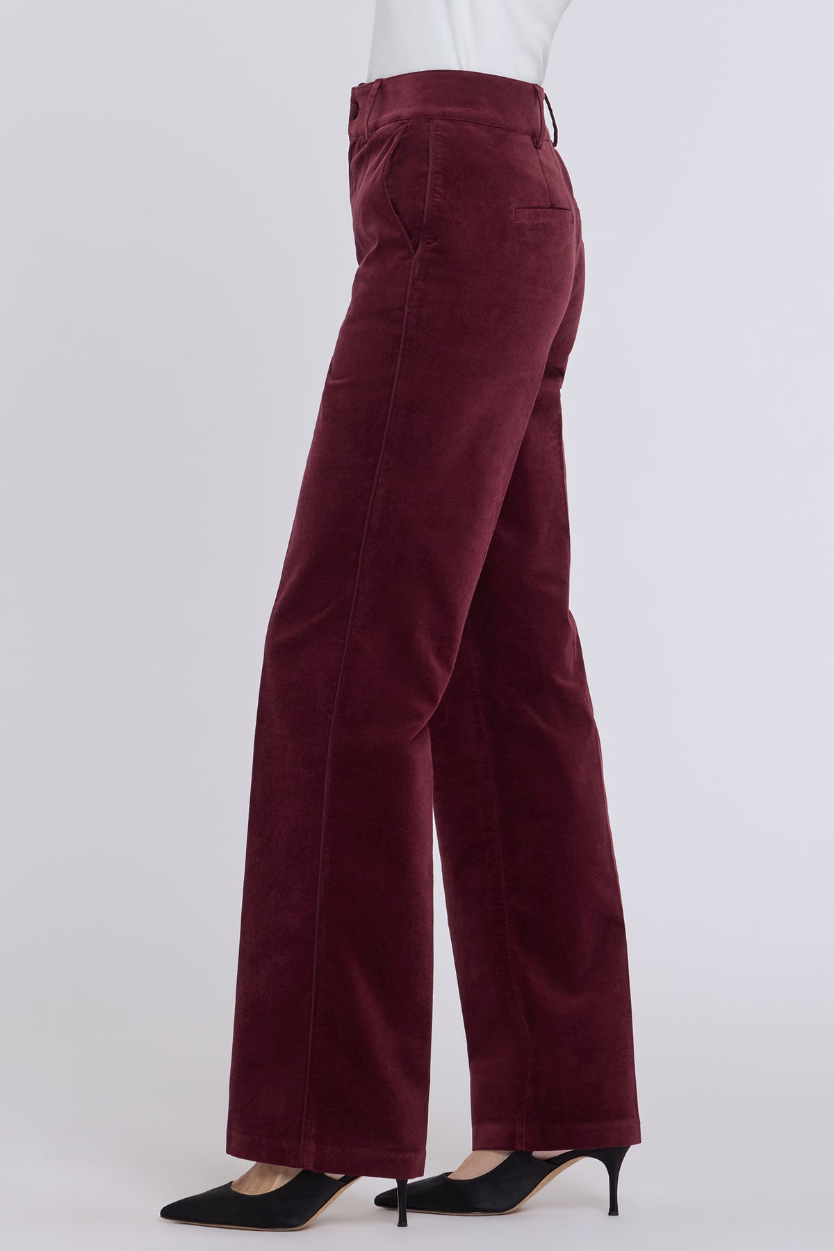 NYDJ Straight Trouser Pants In Velveteen With High Rise And Satin Piping - True Burgundy