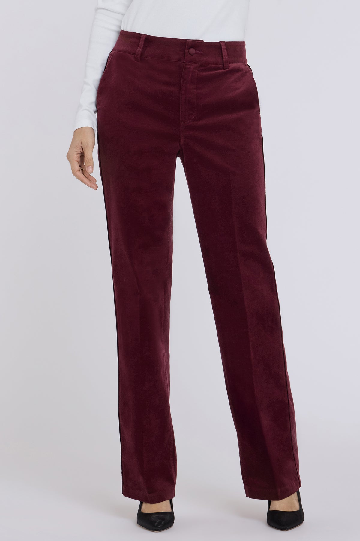 NYDJ Straight Trouser Pants In Velveteen With High Rise And Satin Piping - True Burgundy