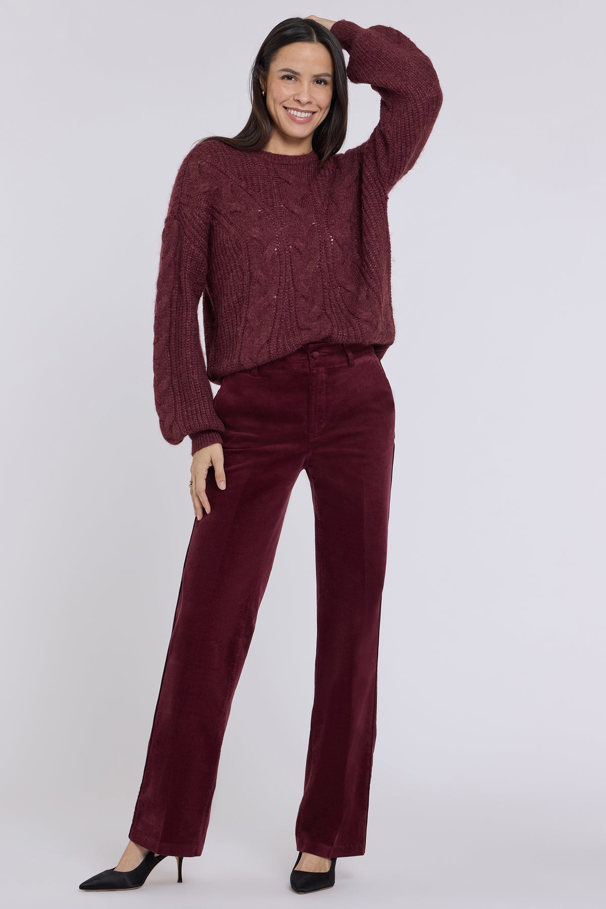 NYDJ Straight Trouser Pants In Velveteen With High Rise And Satin Piping - True Burgundy