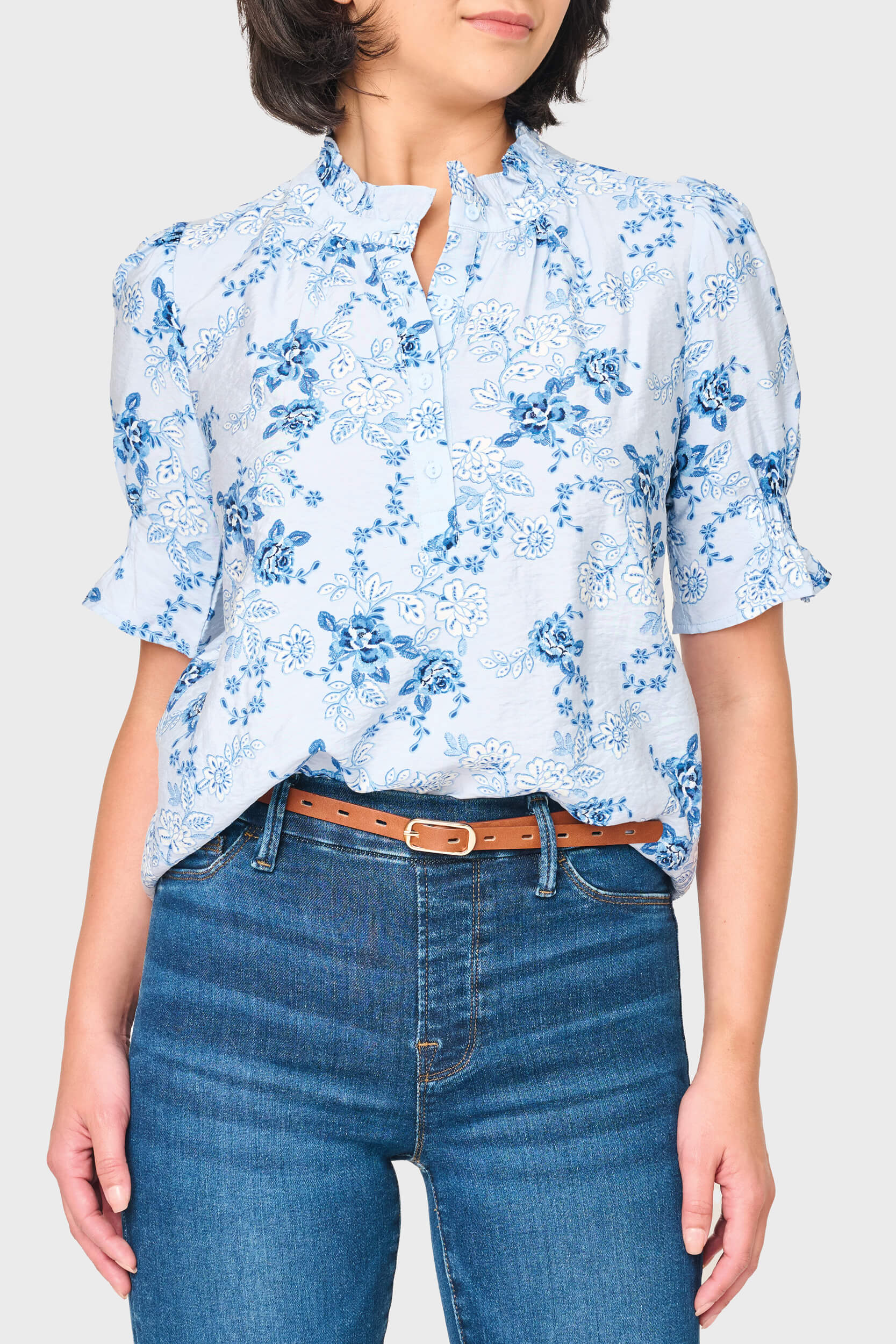 NYDJ Dianthus Henley Puff Sleeve Blouse by Gibsonlook  - Dianthus Henley Puff Sleeve Blouse by Gibsonlook