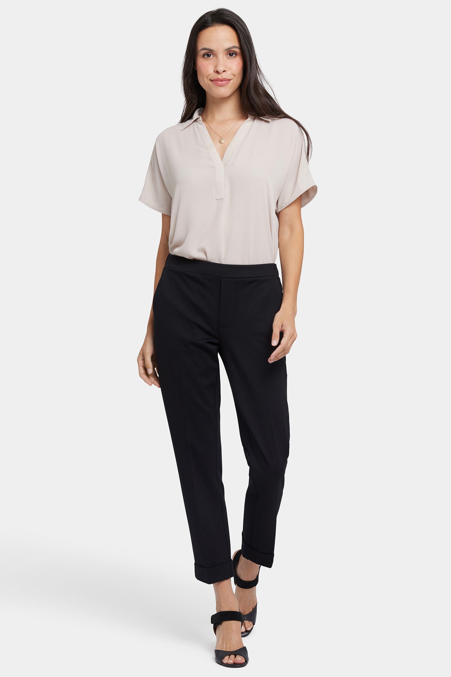 NYDJ Cassidy Ankle Pull-On Trouser Pants In Petite In Ponte Knit With Cuffs - Black