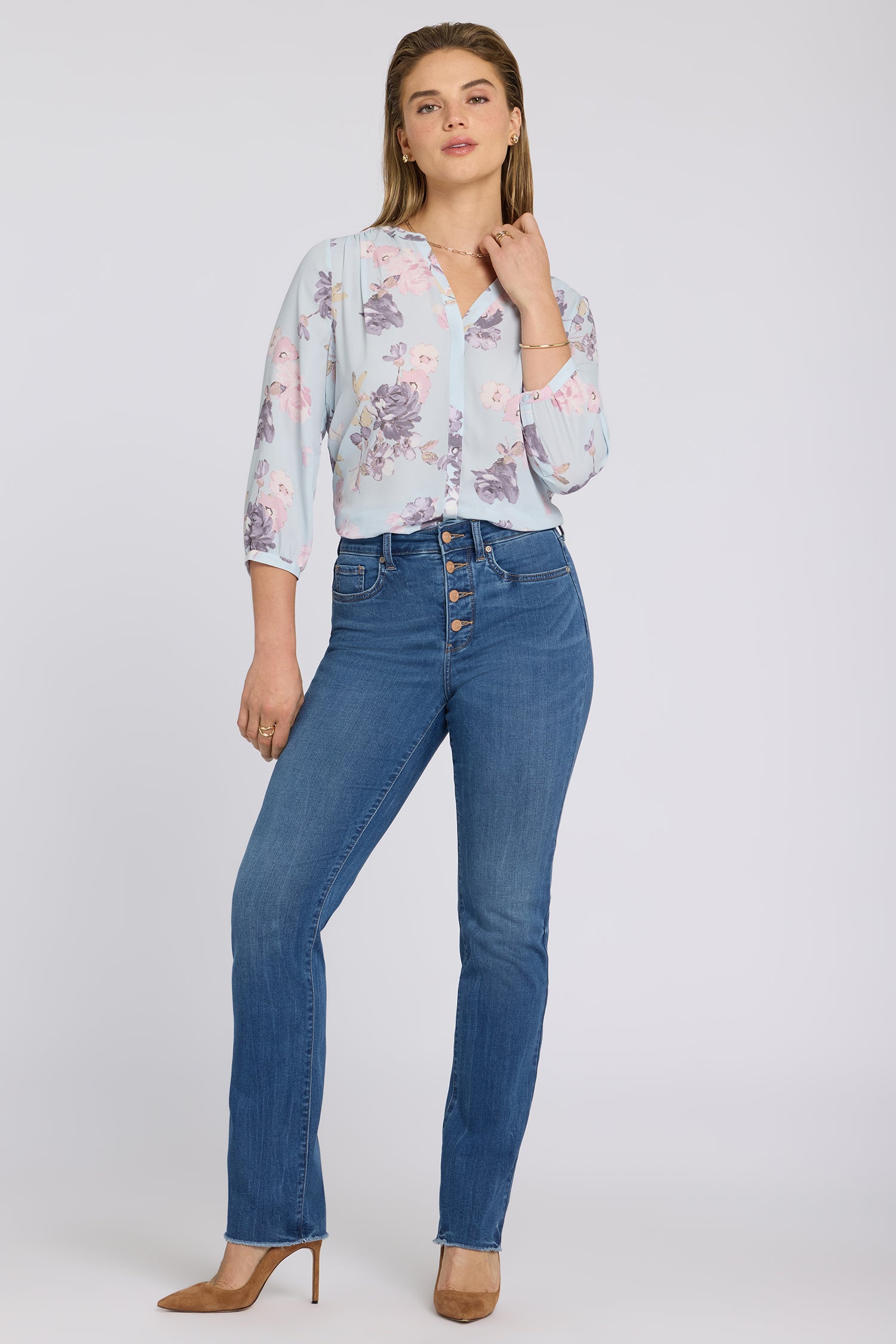 NYDJ Marilyn Straight Jeans In Petite In Sure Stretch® Denim With High Rise And Frayed Hems - Wild River
